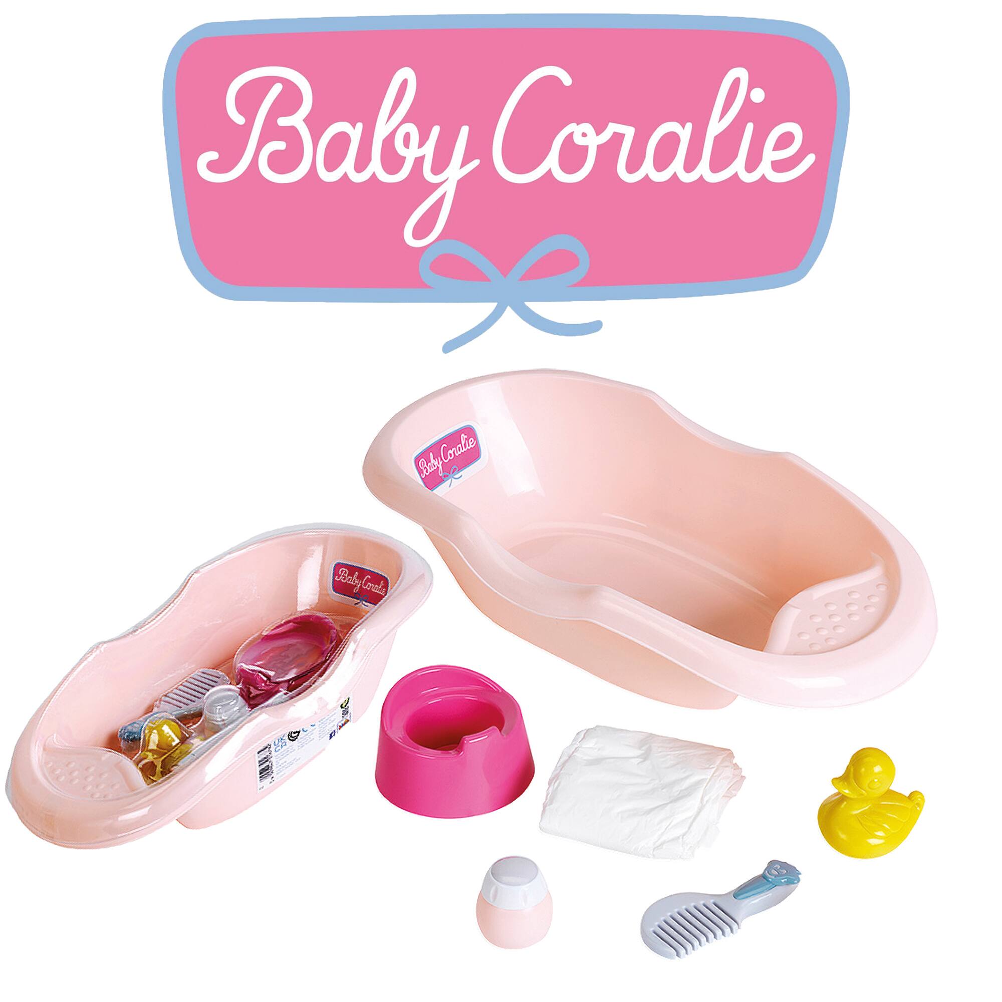 Baby Coralie is a pink and white baby bath tub and toilet set. It includes a toilet, a sink, and a bathtub. The set also comes with a rubber duck and a toothbrush, making it a complete bath time kit for a baby.