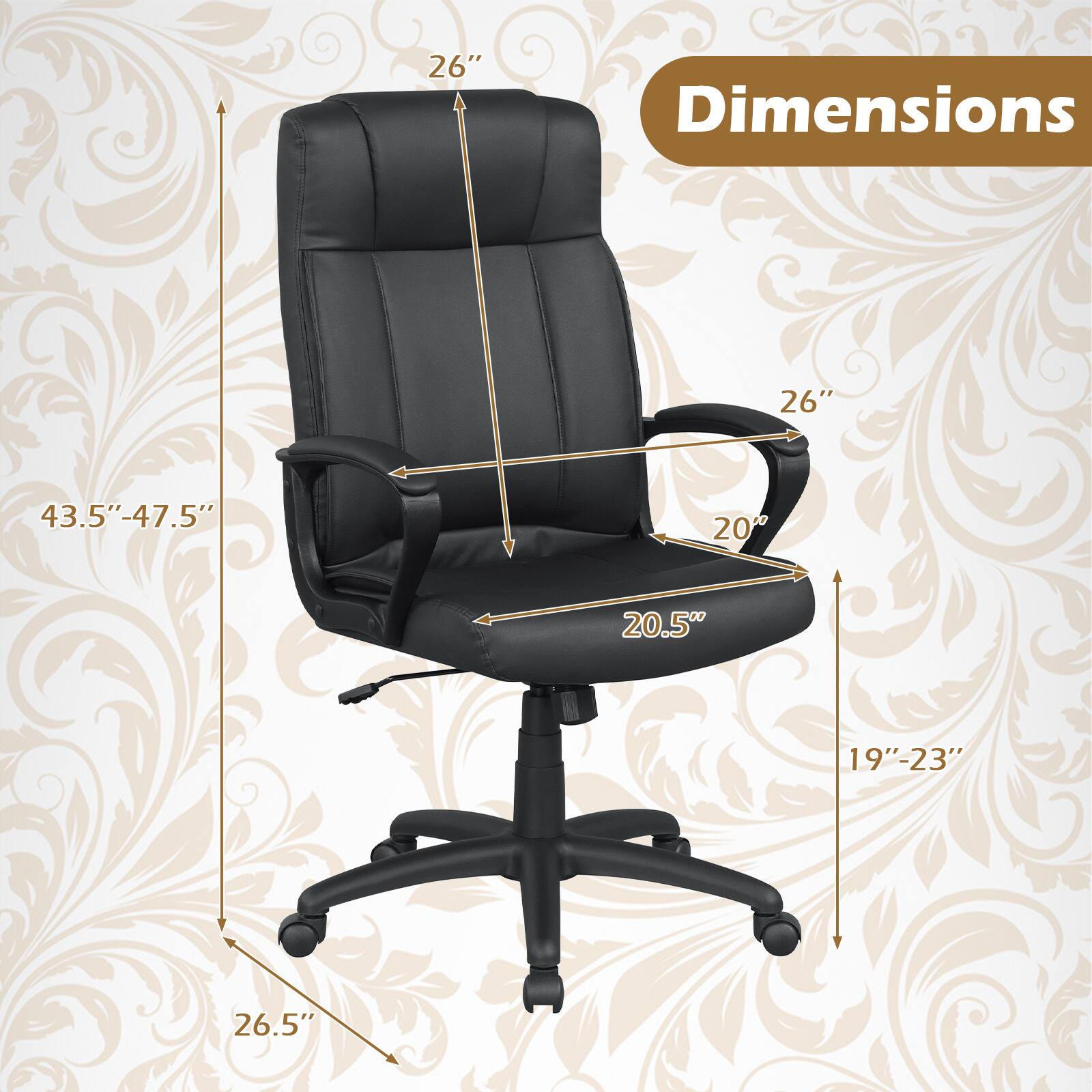 Dimensions
26"
43.5"-47.5"
20"
20.5"
19"-23"
26.5"