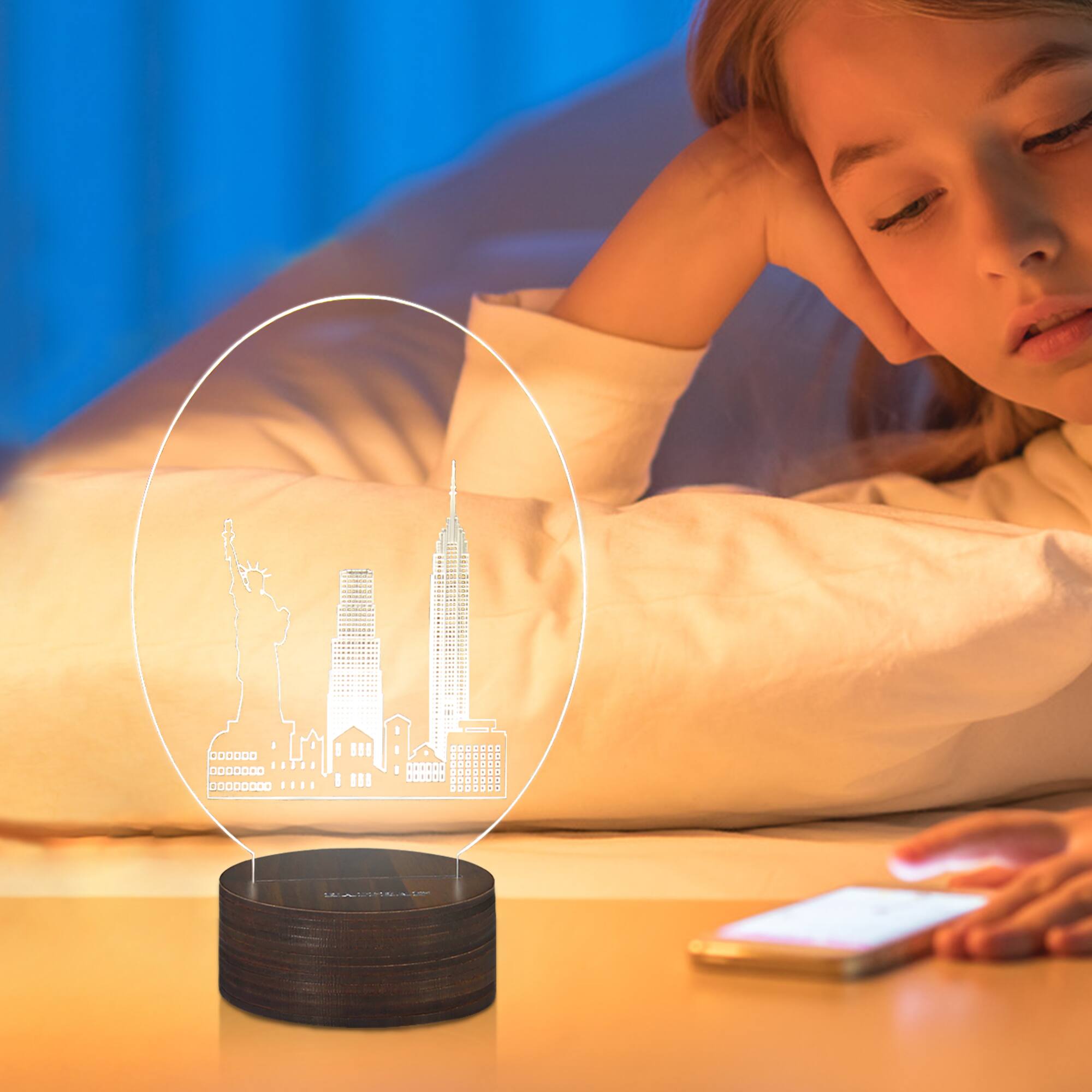 Alt View 1. Oumilen - Acrylic Night Light with Wood Base, USB Charging & Switch.