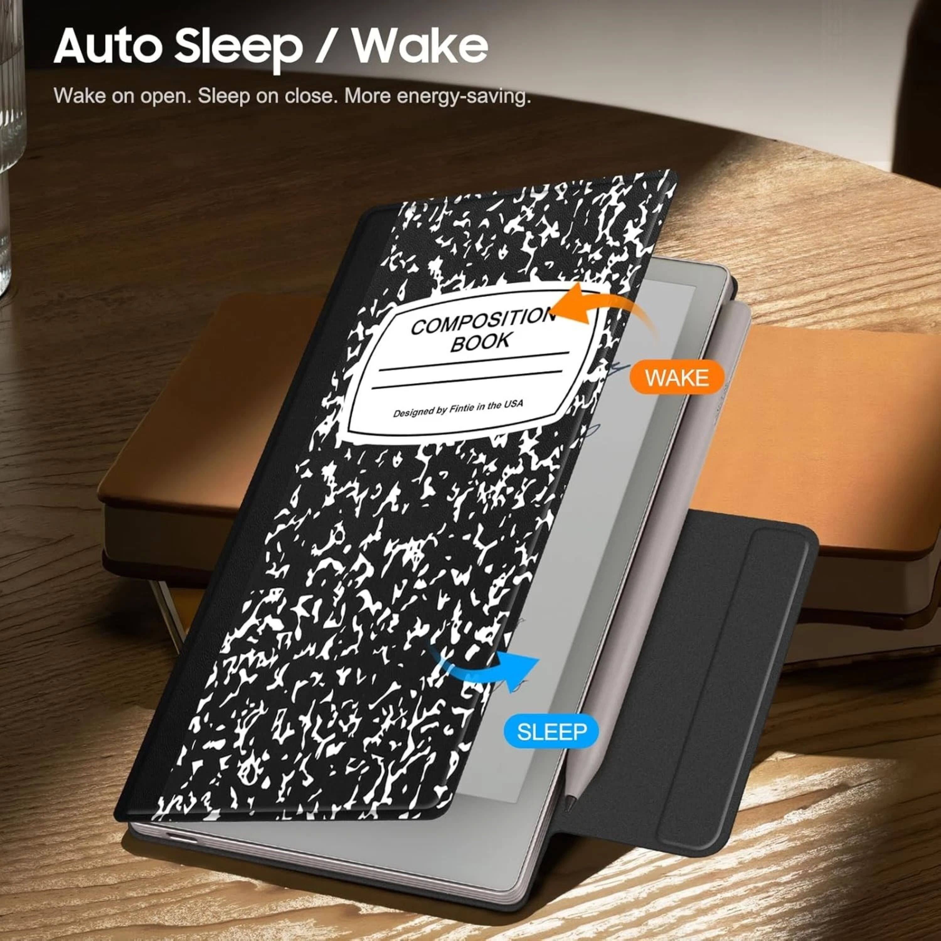 Auto Sleep / Wake  
Wake on open. Sleep on close. More energy-saving.  
COMPOSITION BOOK  
Designed by Fintie in the USA
