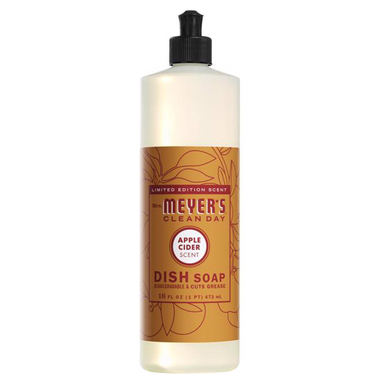 LIMITED EDITION SCENT  
Mrs. Meyer's Clean Day  
APPLE CIDER SCENT  
DISH SOAP  
BIODEGRADABLE & CUTS GREASE  
16 FL OZ (1 PT) 473 mL