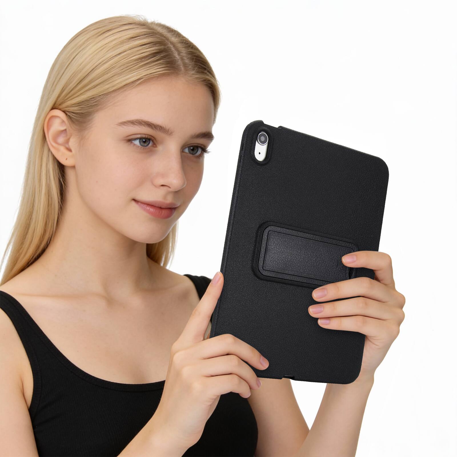 Left. Dteck - Shockproof Case for Apple iPad Air (M2) 11" 2024, Rugged Slim Leather Texture Protective Cover with Folding Kickstand - Black.
