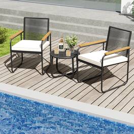 Gymax - 3 Pieces Patio Furniture Set PE Wicker Chairs & Side Table w/Armrests Padded Cushions - White