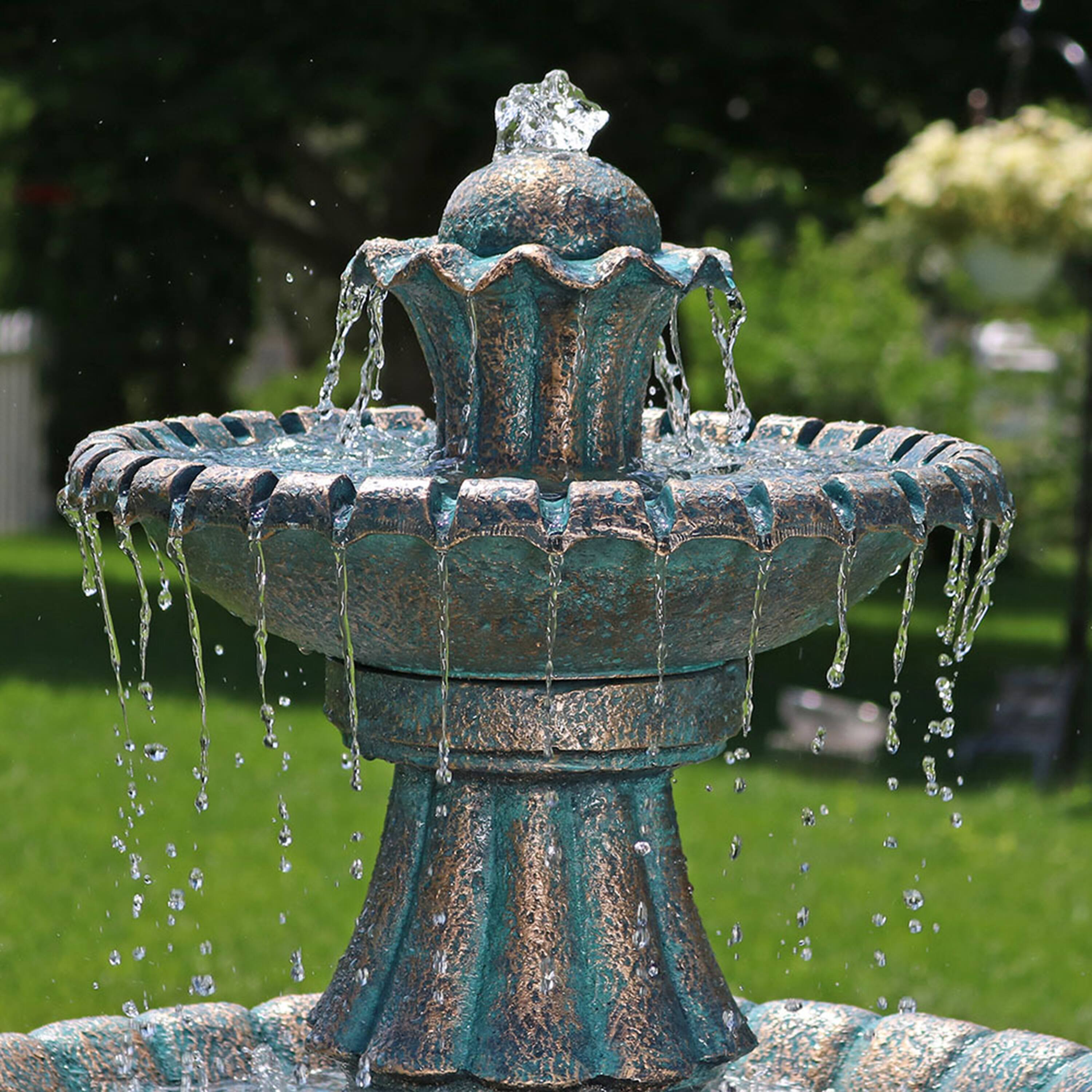 Alt View 4. Sunnydaze - Nouveau Tiered Polyresin Outdoor 2-Tier Water Fountain - Green.