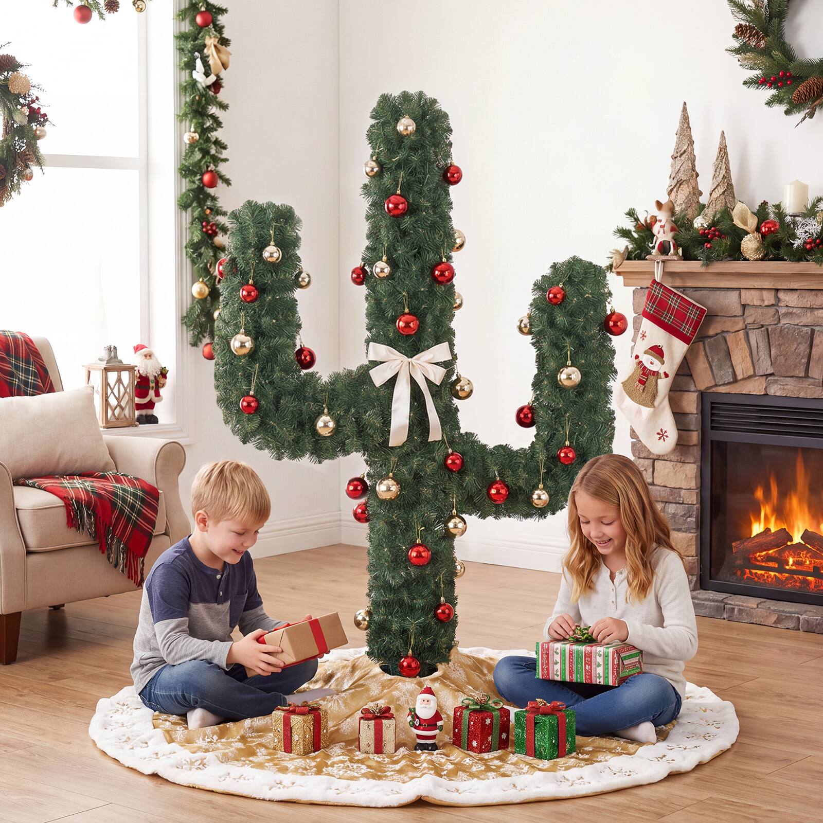 Alt View 4. Gymax - Gymax 5 FT Pre-Lit Cactus Christmas Tree w/ 90 Warm White LED Lights & 750 Tips - Green.