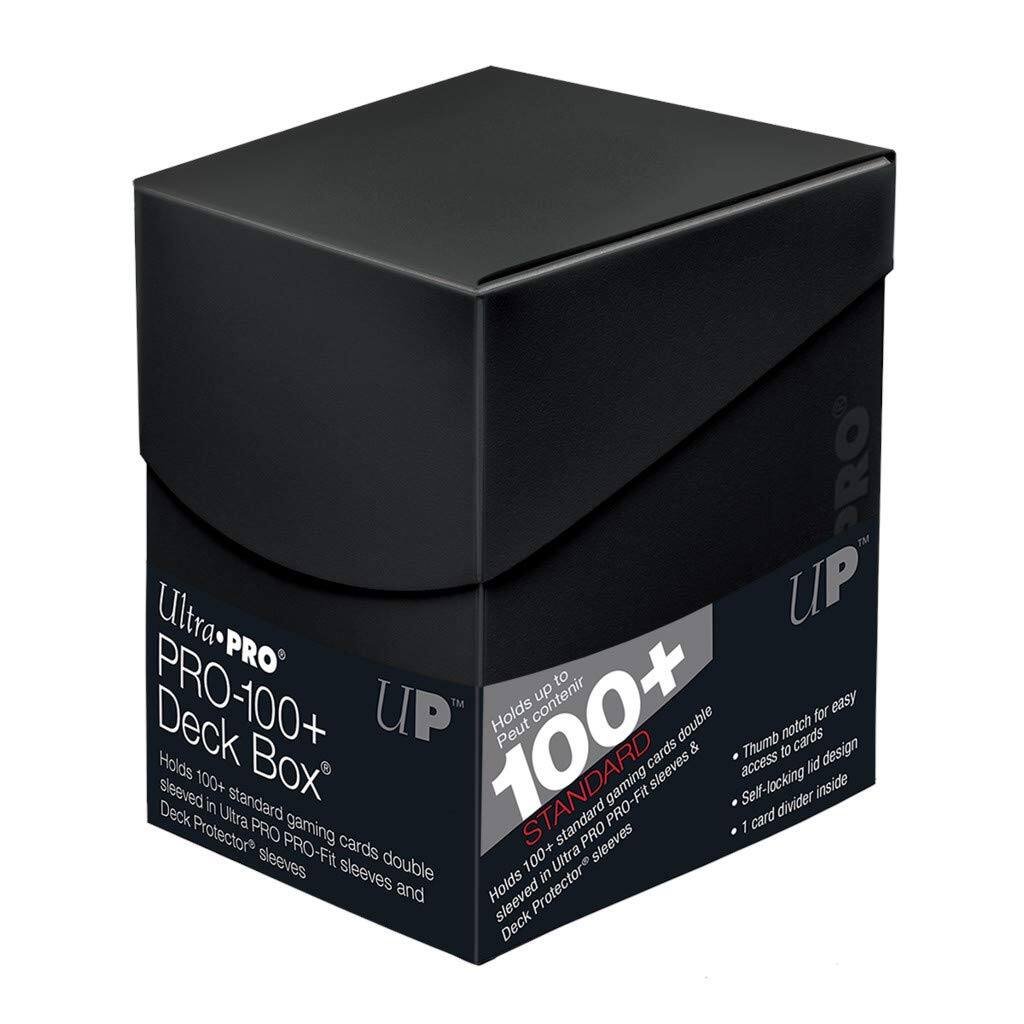 Ultra PRO  
PRO-100+ Deck Box  
Holds 100+ standard gaming cards double sleeved in Ultra PRO PRO-Fit sleeves and Deck Protector® sleeves  
UP™  
Holds 100+ standard gaming cards & double sleeves  
Thumb notch for easy access to cards  
Self-locking lid design  
1 card divider inside  
100+ STANDARD  
Holds 100+ standard gaming cards & double sleeves  
Deck Protector®