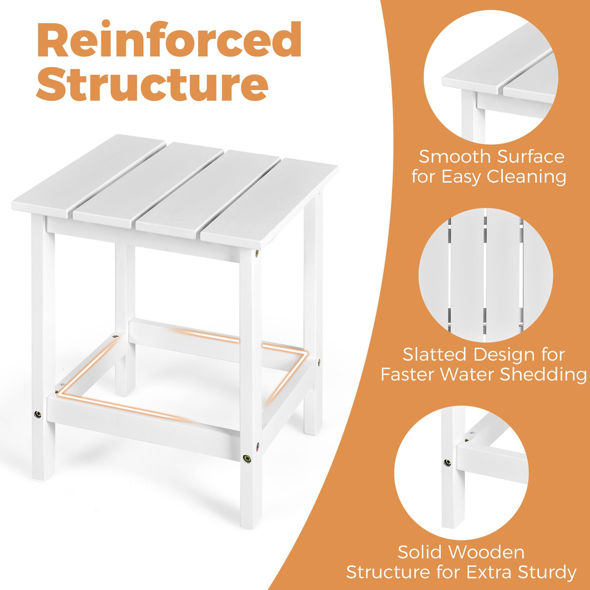 Reinforced Structure
Smooth Surface for Easy Cleaning
Slatted Design for Faster Water Shedding
Solid Wooden Structure for Extra Sturdy