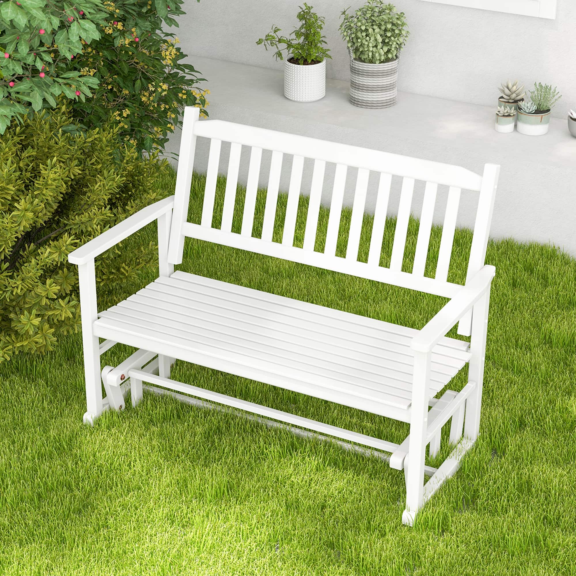 Alt View 1. Costway - Patio Glider Loveseat Chair Swing Rocking Bench with Slatted Seat & Curved Backrest - White.