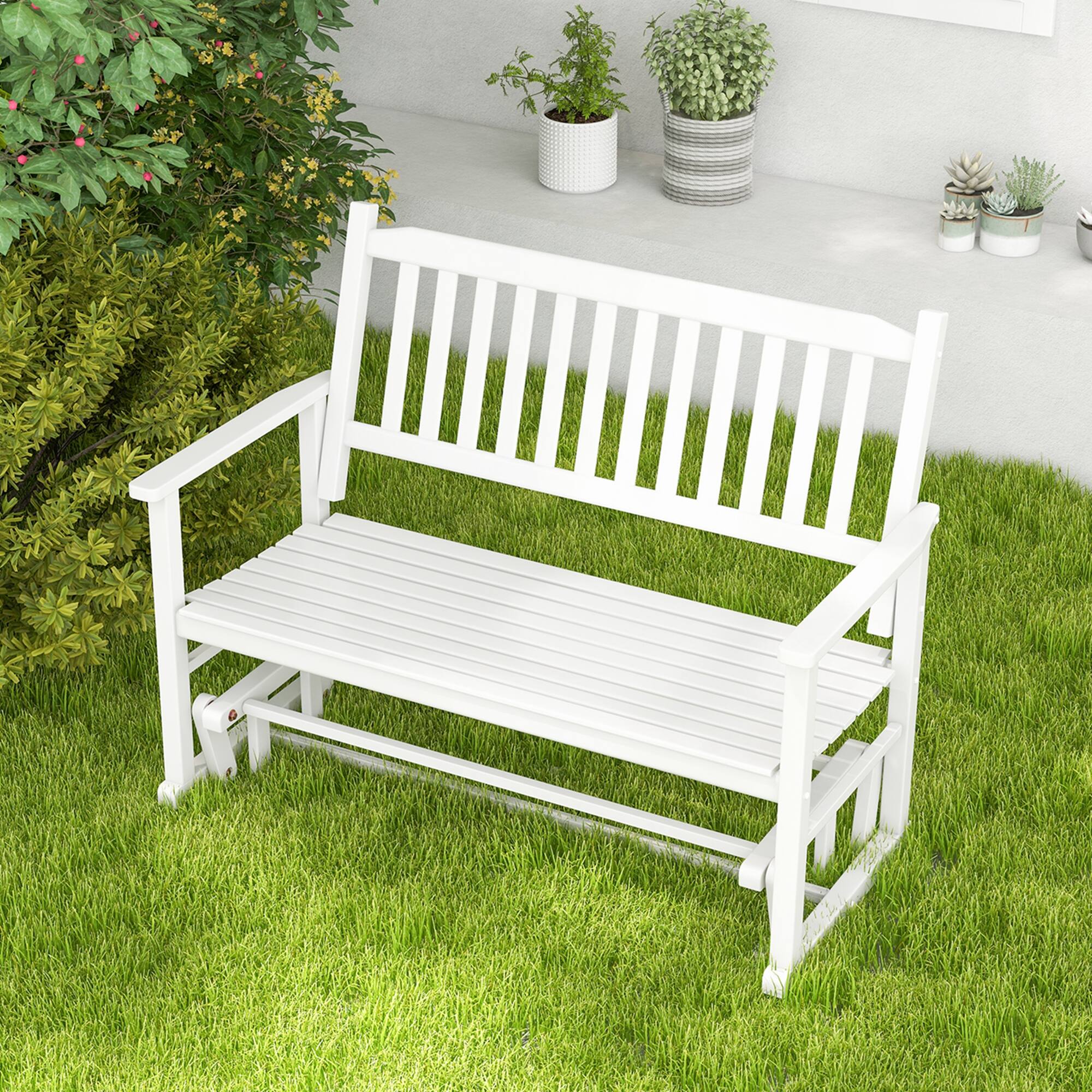 Alt View 1. Costway - Patio Glider Loveseat Chair Swing Rocking Bench with Slatted Seat & Curved Backrest - White.