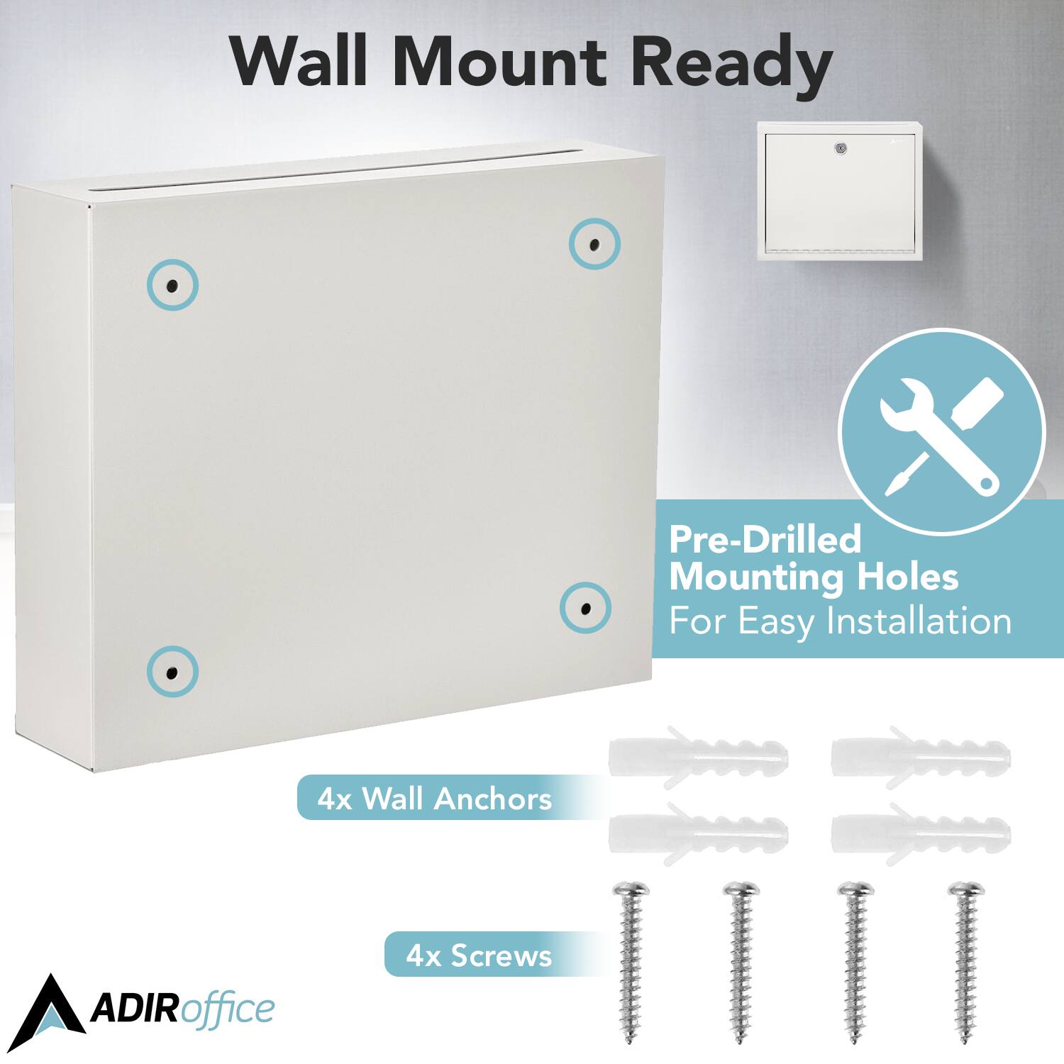 Wall Mount Ready, Pre-Drilled Mounting Holes For Easy Installation, 4x Wall Anchors, 4x Screws, ADIRoffice