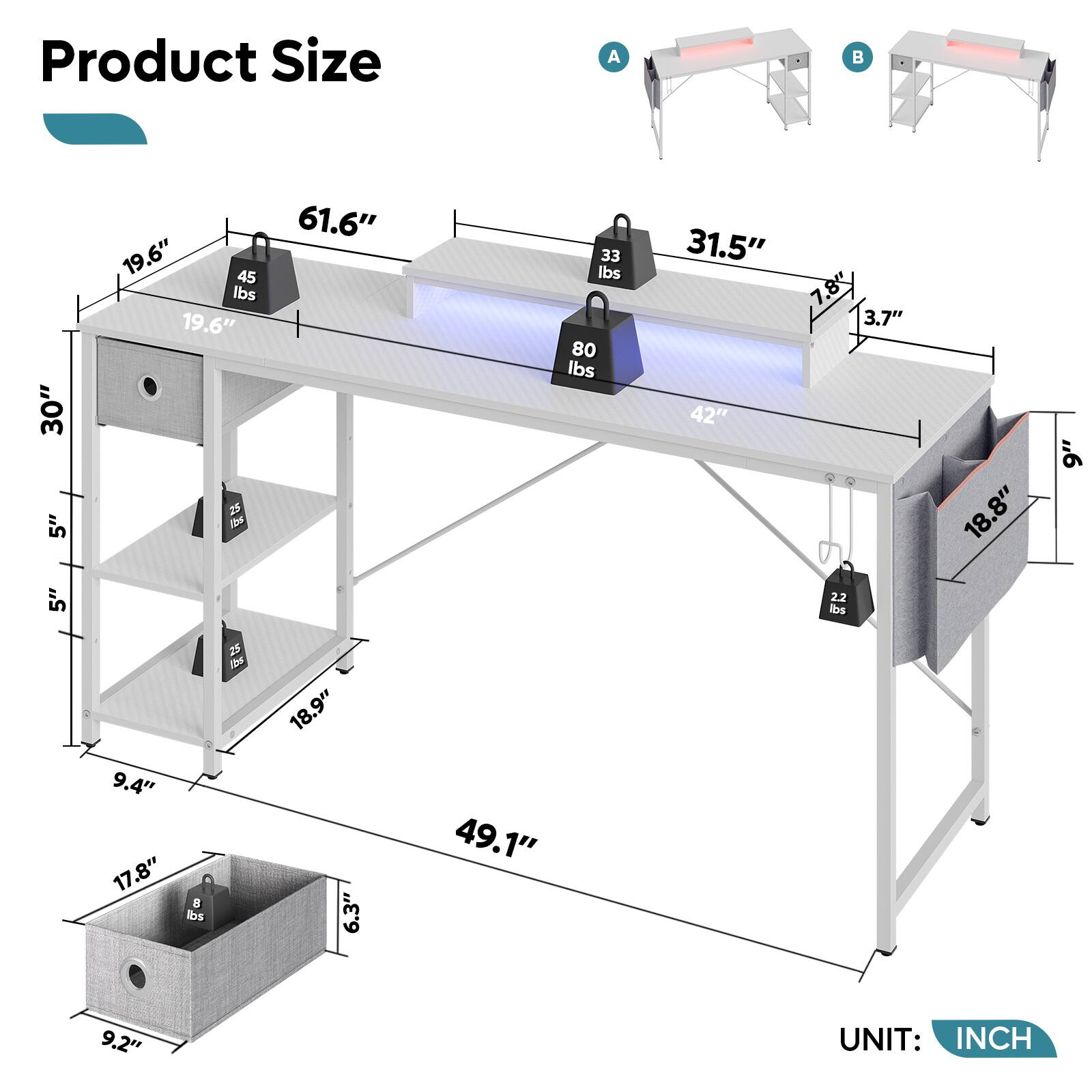 Product Size:

* 30" 5" 19.6" 45 lbs
* 19.6" 2 me 61.6" 33 lbs
* 80 lbs 31.5" 42" 7.8 3.7"
* 18.8" 9" 5" 2.2 lbs
* 9.4" 17.8" 9.2" 5" 2.2 lbs

UNIT: INCH