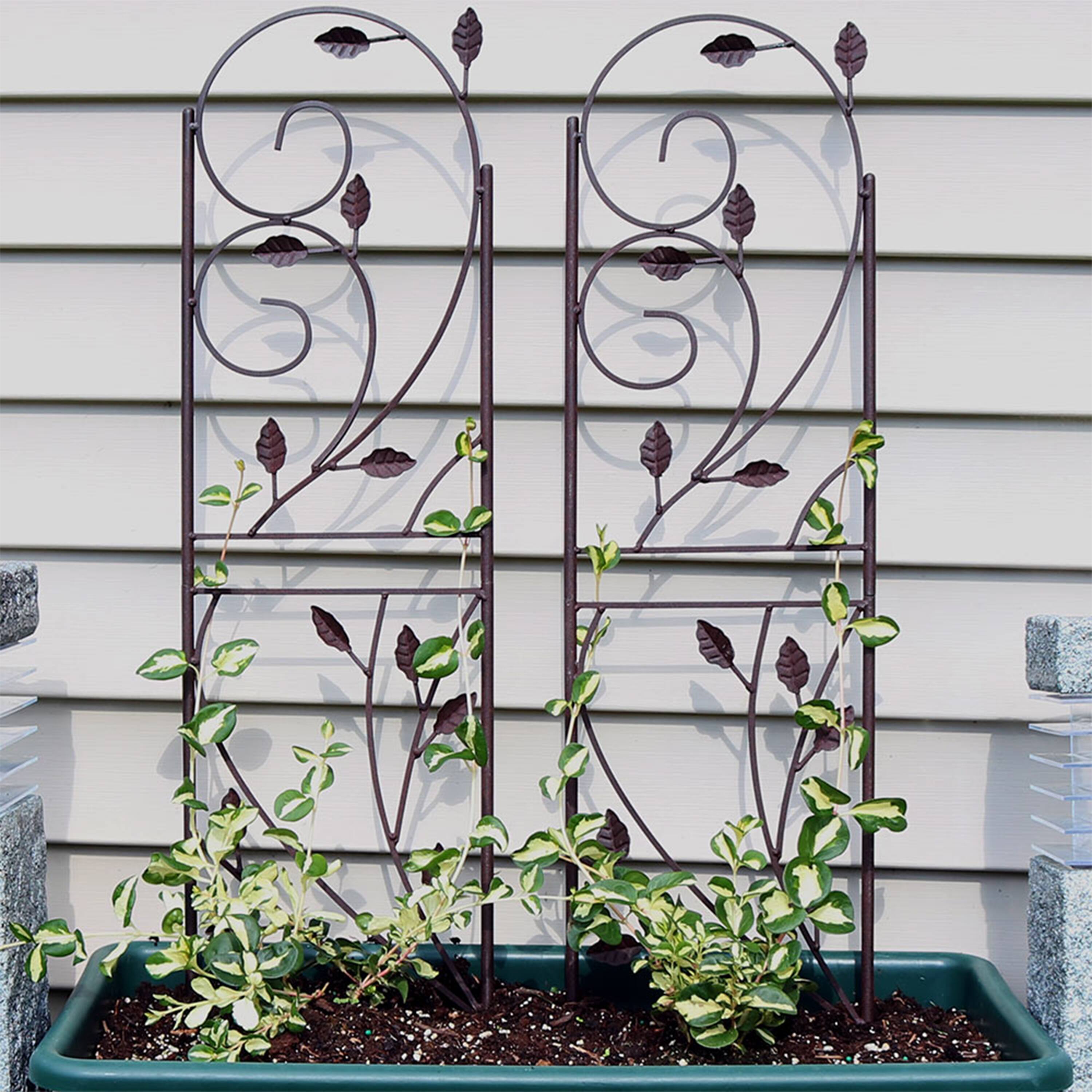 Alt View 3. Sunnydaze - 32 in Steel Wire Swirl Leaf Garden Plant Trellis - Set of 2 - Brown.