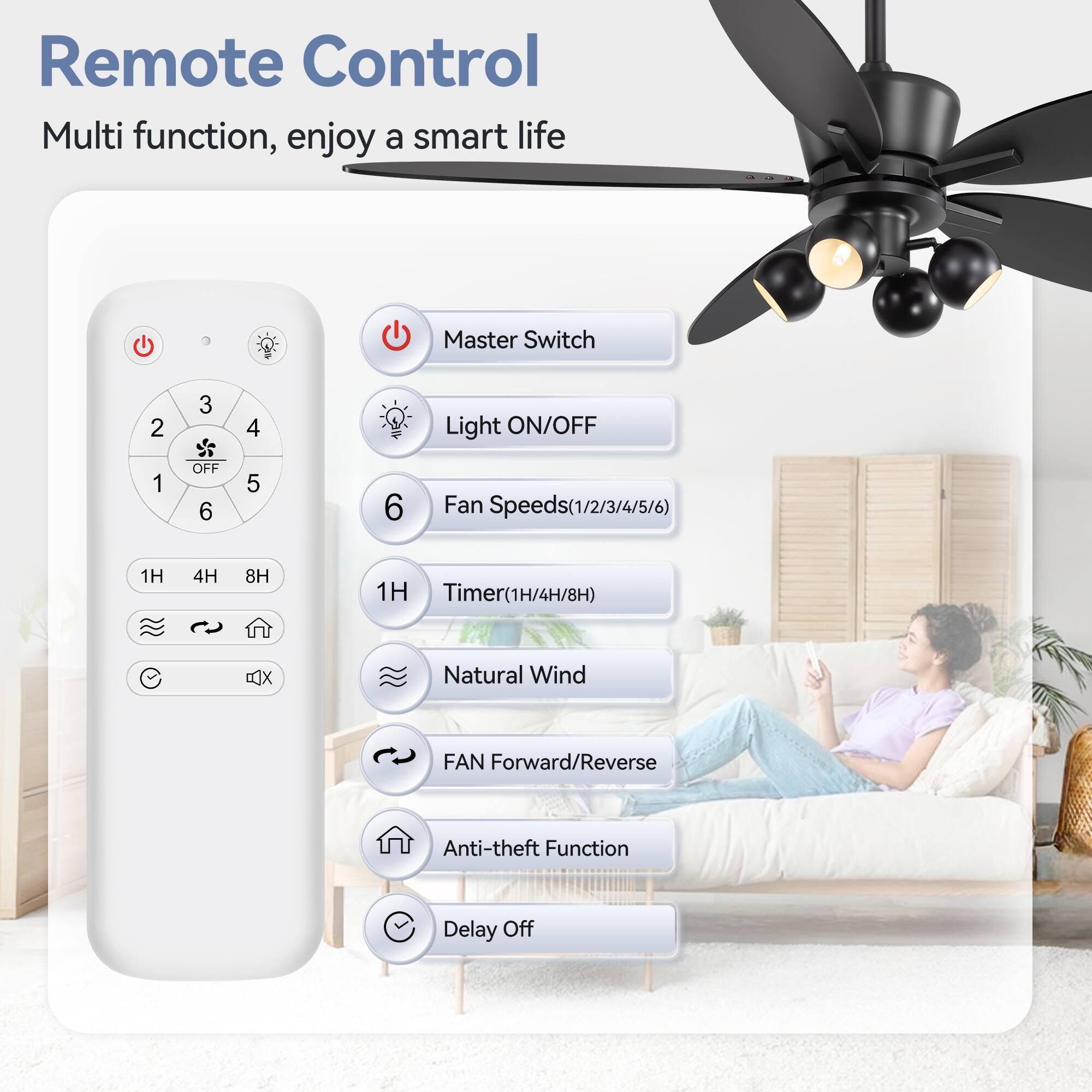 Remote Control, Multi function, enjoy a smart life
Master Switch
Light ON/OFF
Fan Speeds(1/2/3/4/5/6)
Timer(1H/4H/8H)
Natural Wind
FAN Forward/Reverse
Anti-theft Function
Delay Off