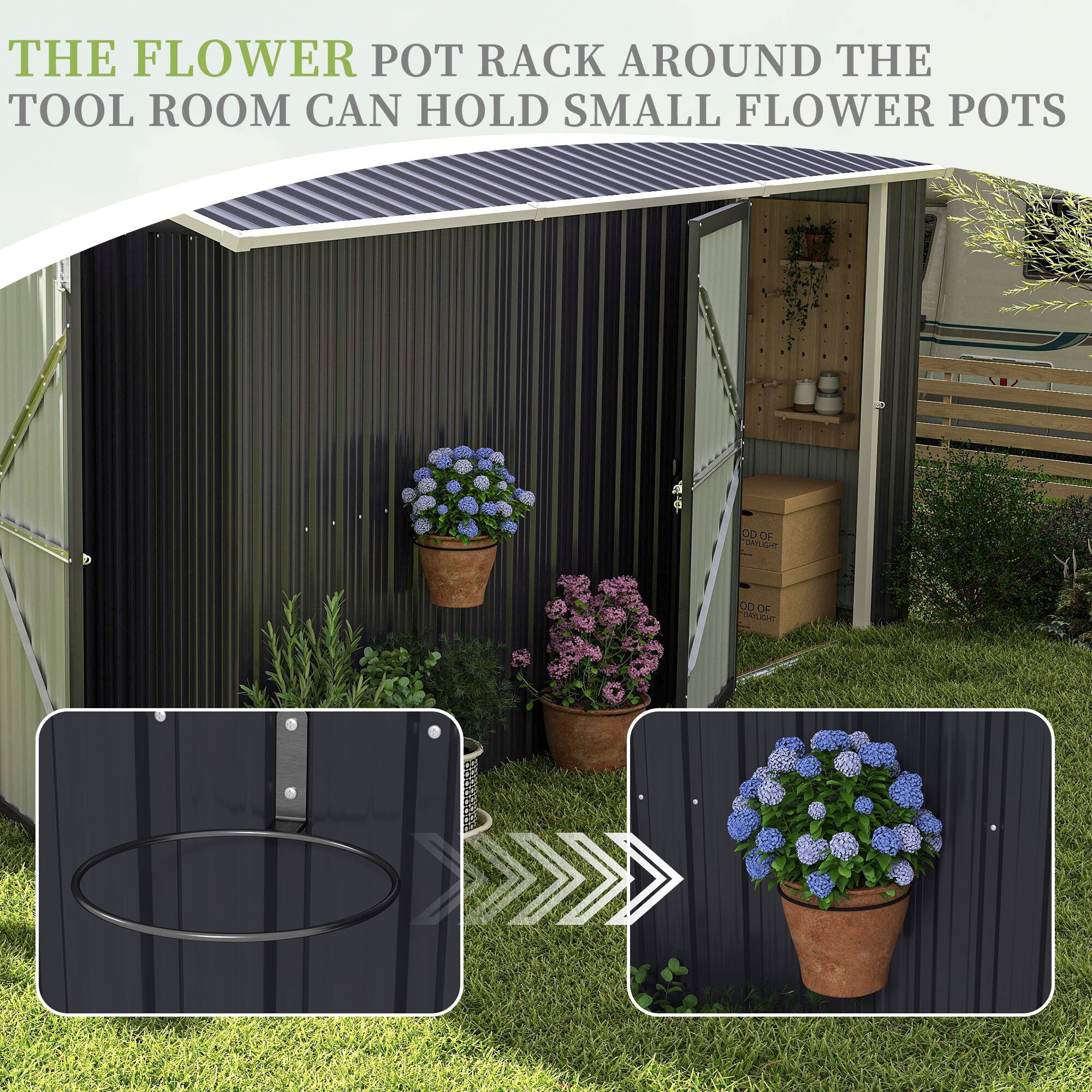 THE FLOWER POT RACK AROUND THE TOOL ROOM CAN HOLD SMALL FLOWER POTS