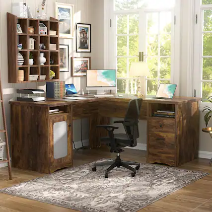 Front. Aheaplus - 60"L-Shaped Corner Desk - Sturdy 2-Person Executive Desk with Storage/File Cabinets & Power/USB Ports - Rustic Brown.
