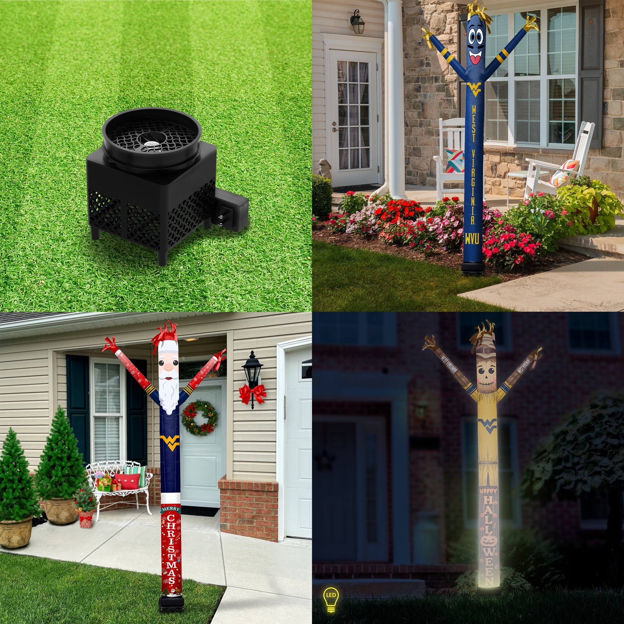 Sure, here is the corrected and grouped text:

1. **Top Left:**
   - No text.

2. **Top Right:**
   - WEST VIRGINIA
   - WVU

3. **Bottom Left:**
   - CHRISTMAS

4. **Bottom Right:**
   - HAPPY HALLOWEEN