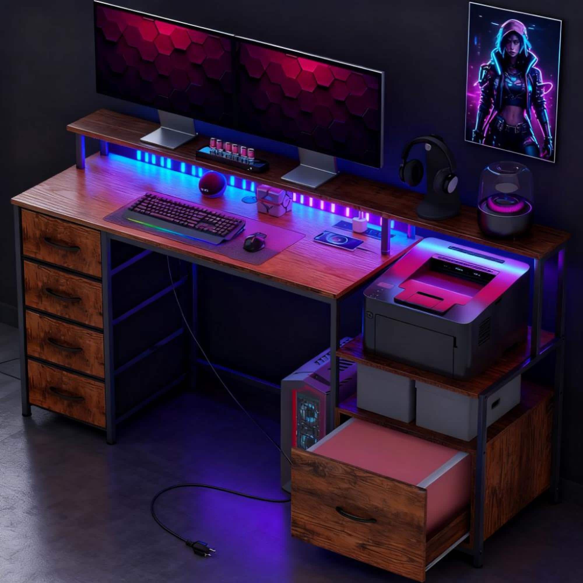 Front. GOODSILO - Modern Home Office Desk with Built-in Power Station, LED Lighting, and Storage Drawers for Gaming and Work - Black+Rustic Brown.