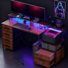 Front. GOODSILO - Modern Home Office Desk with Built-in Power Station, LED Lighting, and Storage Drawers for Gaming and Work - Black+Rustic Brown.