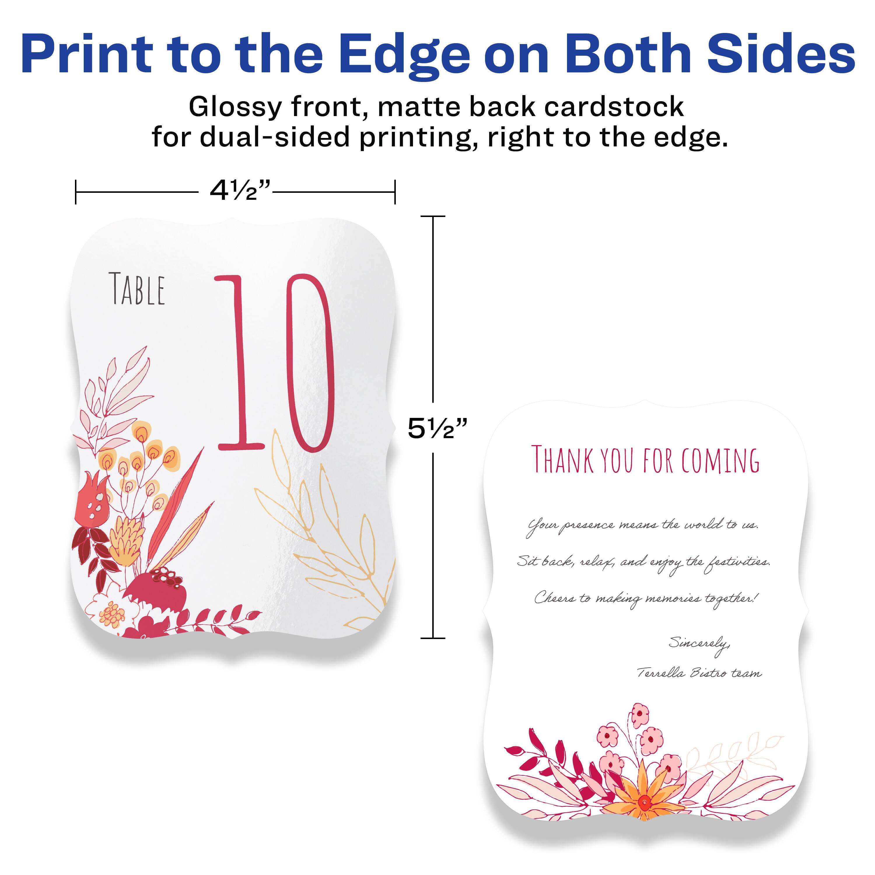 Print to the Edge on Both Sides  
Glossy front, matte back cardstock for dual-sided printing, right to the edge.  

4½" x 5½"  

TABLE 10  

THANK YOU FOR COMING  
Your presence means the world to us.  
Sit back, relax, and enjoy the festivities.  
Cheers to making memories together!  
Sincerely,  
Tusella Bistro team