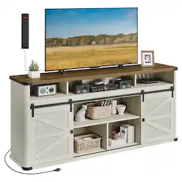 Songmics Home - TV Stand for TVs up to 75 Inches, Farmhouse Entertainment Center with Sliding Barn Doors, TV Console Table - Rustic White and Honey Brown