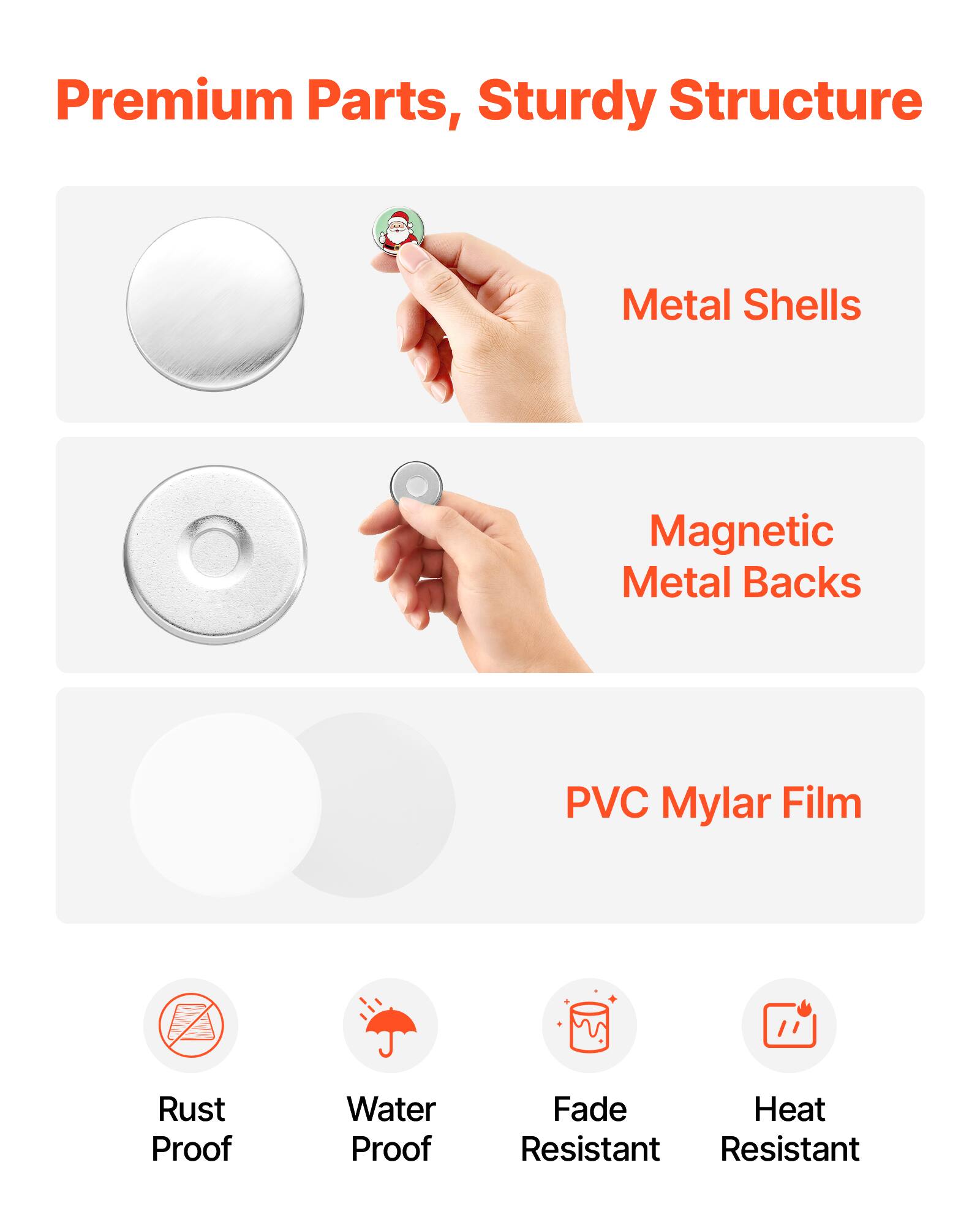 Premium Parts, Sturdy Structure

Metal Shells

Magnetic Metal Backs

PVC Mylar Film

Rust Proof

Water Proof

Fade Resistant

Heat Resistant