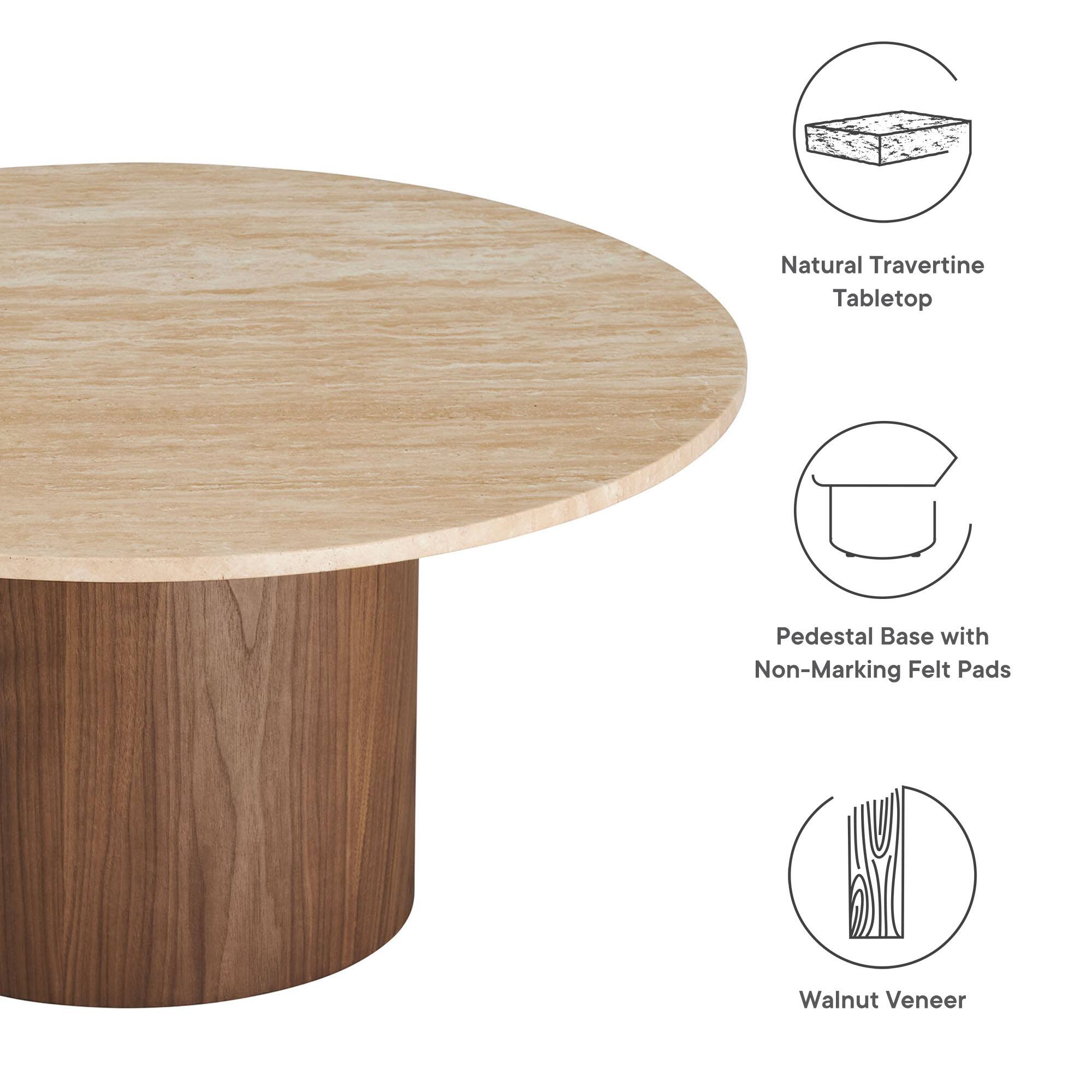 Natural Travertine Tabletop  
Pedestal Base with Non-Marking Felt Pads  
Walnut Veneer