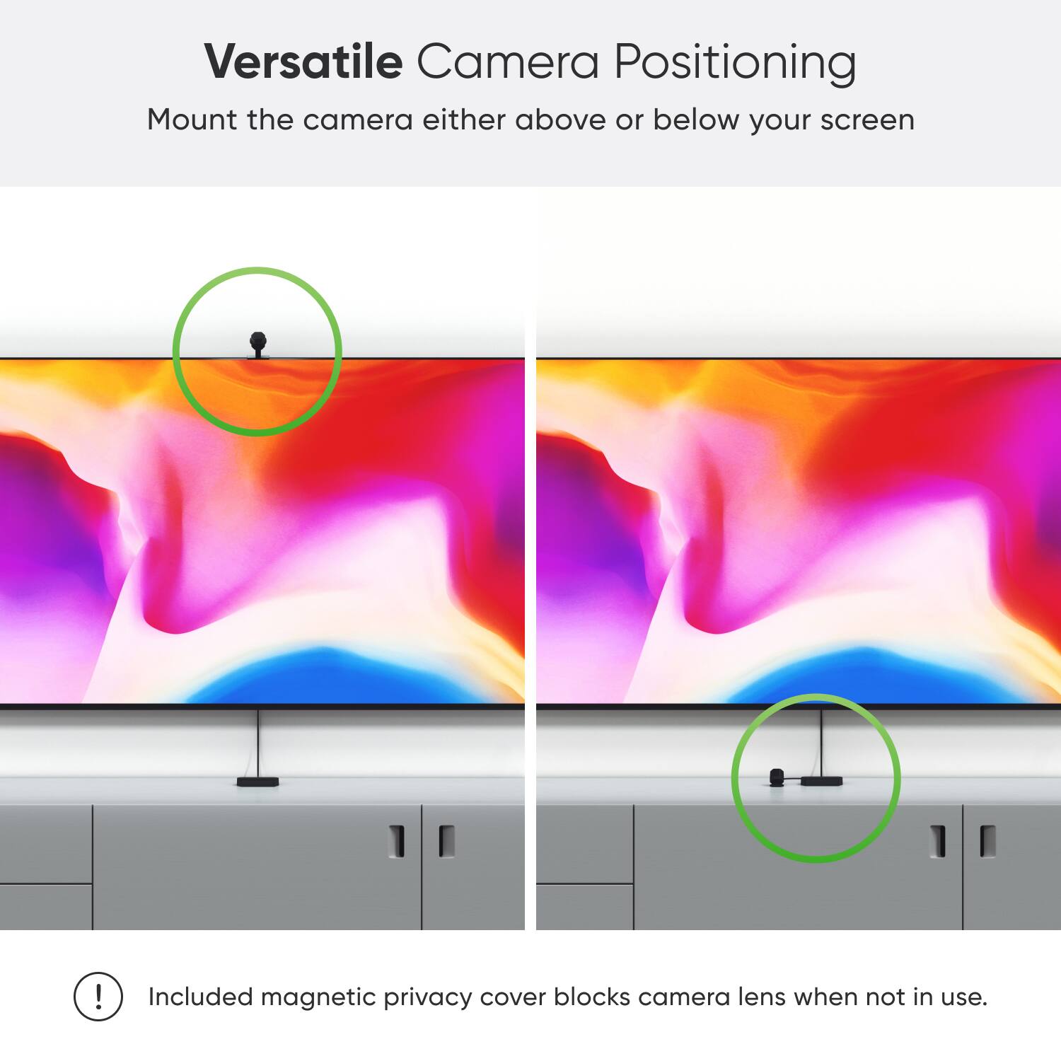 Versatile Camera Positioning: Mount the camera either above or below your screen! Included magnetic privacy cover blocks camera lens when not in use.