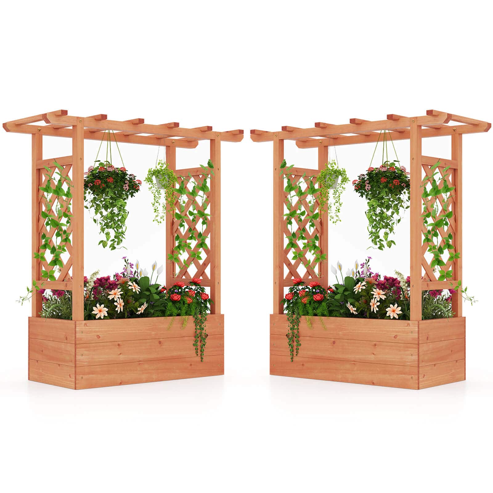 Front. Costway - 2 PCS Raised Garden Bed with Trellis & Hanging Roof Drainage Elevated Planter Box - Orange.