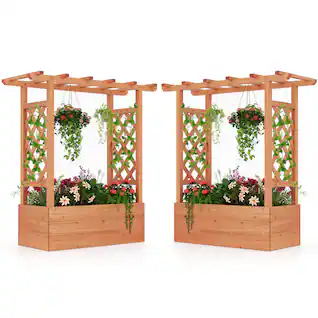 Costway - 2 PCS Raised Garden Bed with Trellis & Hanging Roof Drainage Elevated Planter Box - Orange