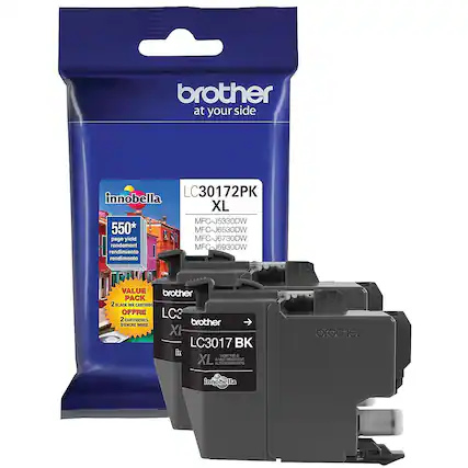 brother
at your side
innobella
LC30172PK
XL
550*
page yield
rendement
rendimiento
rendimento
MFC-J5330DW
MFC-J6530DW
MFC-J6730DW
MFC-J6930DW
VALUE PACK
2 BLACK INK CARTRIDGES
OFFRE
2 CARTOUCHES D'ENCRE NOIRS
LC3017 BK
XL
innobella