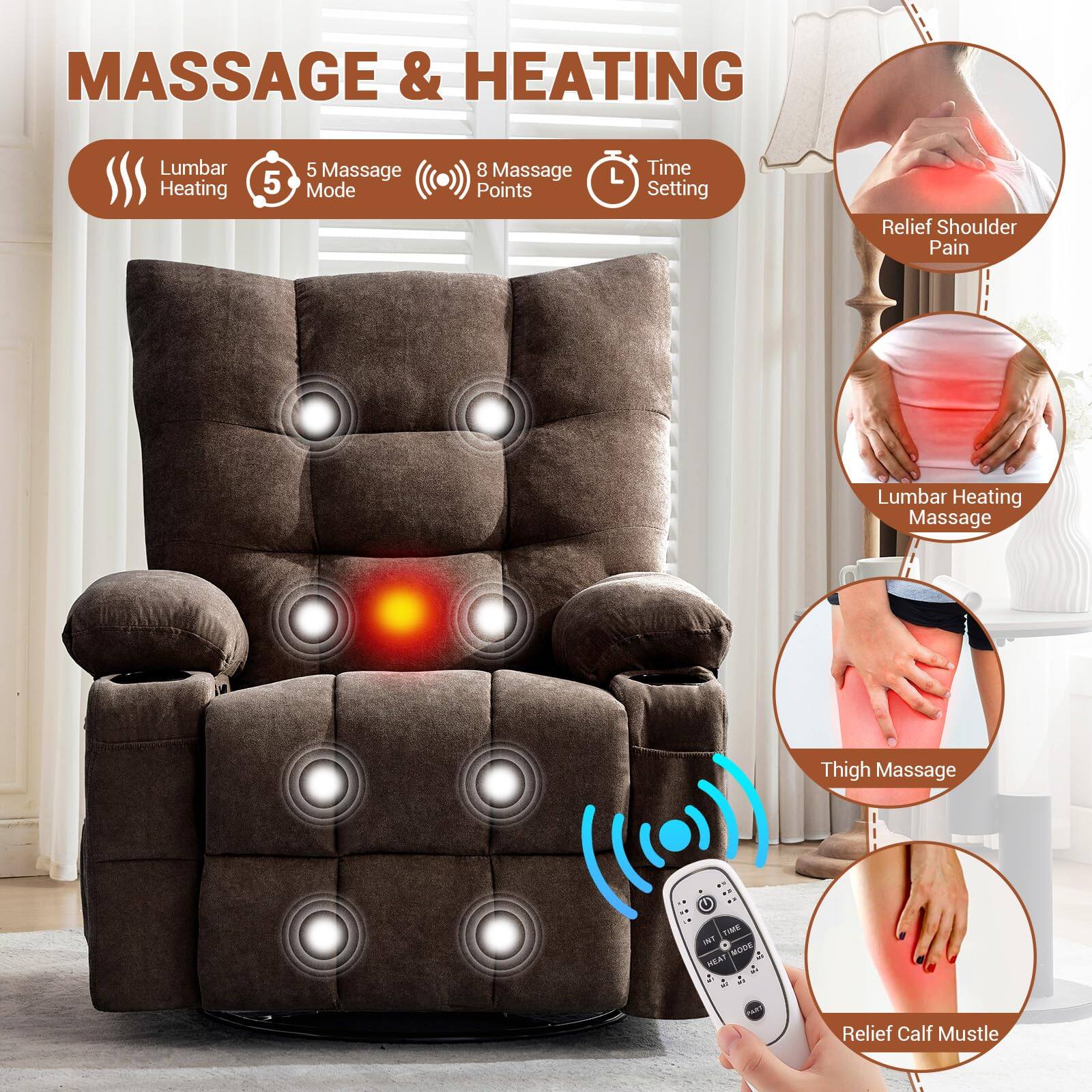 MASSAGE & HEATING

- Lumbar Heating
- 5 Massage Mode
- 8 Massage Points
- Time Setting

Relief Shoulder Pain  
Lumbar Heating Massage  
Thigh Massage  
Relief Calf Muscle