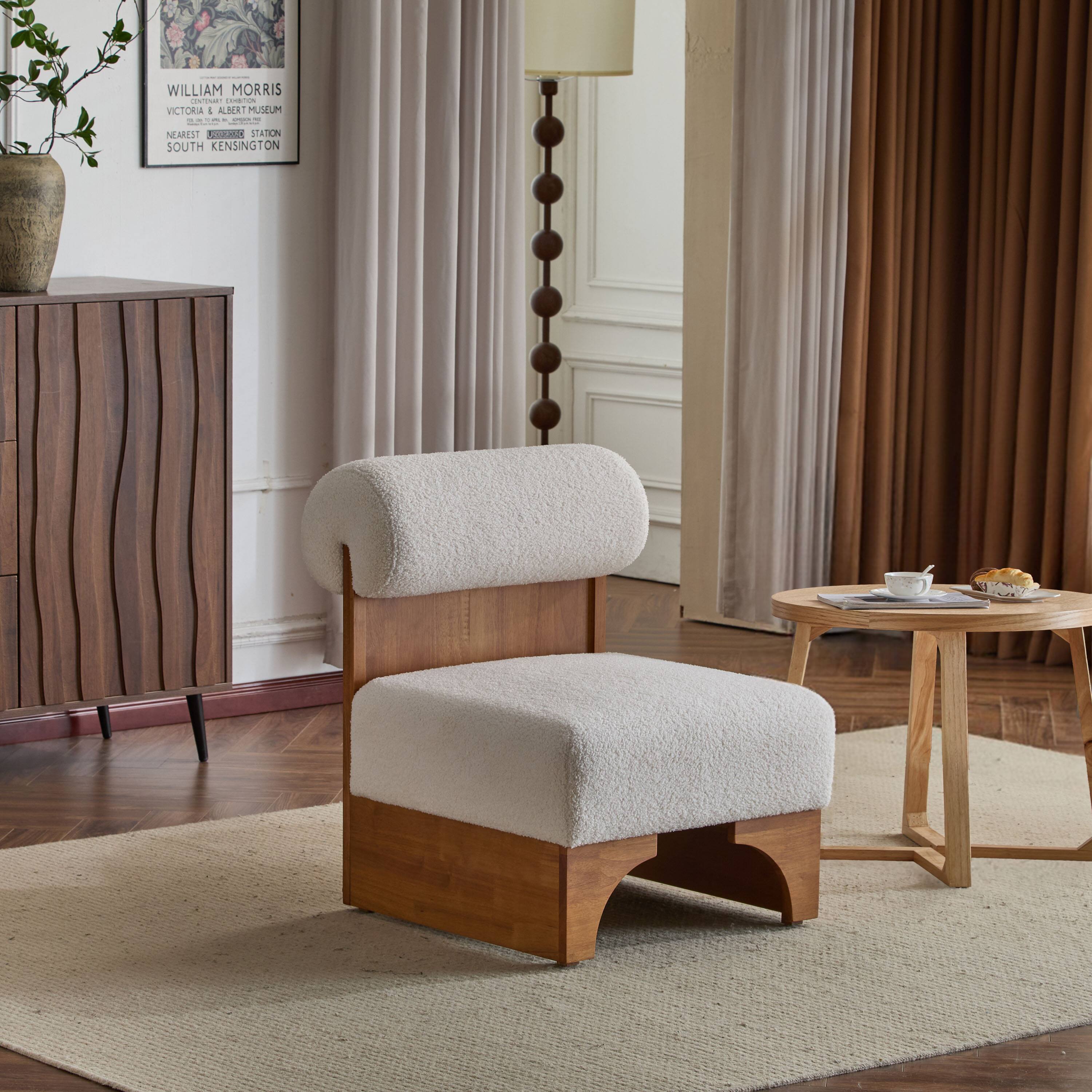 Left. TinyHomie - Modern Boucle Lounge Chair Solid Wood Frame Rolled Backrest - white.