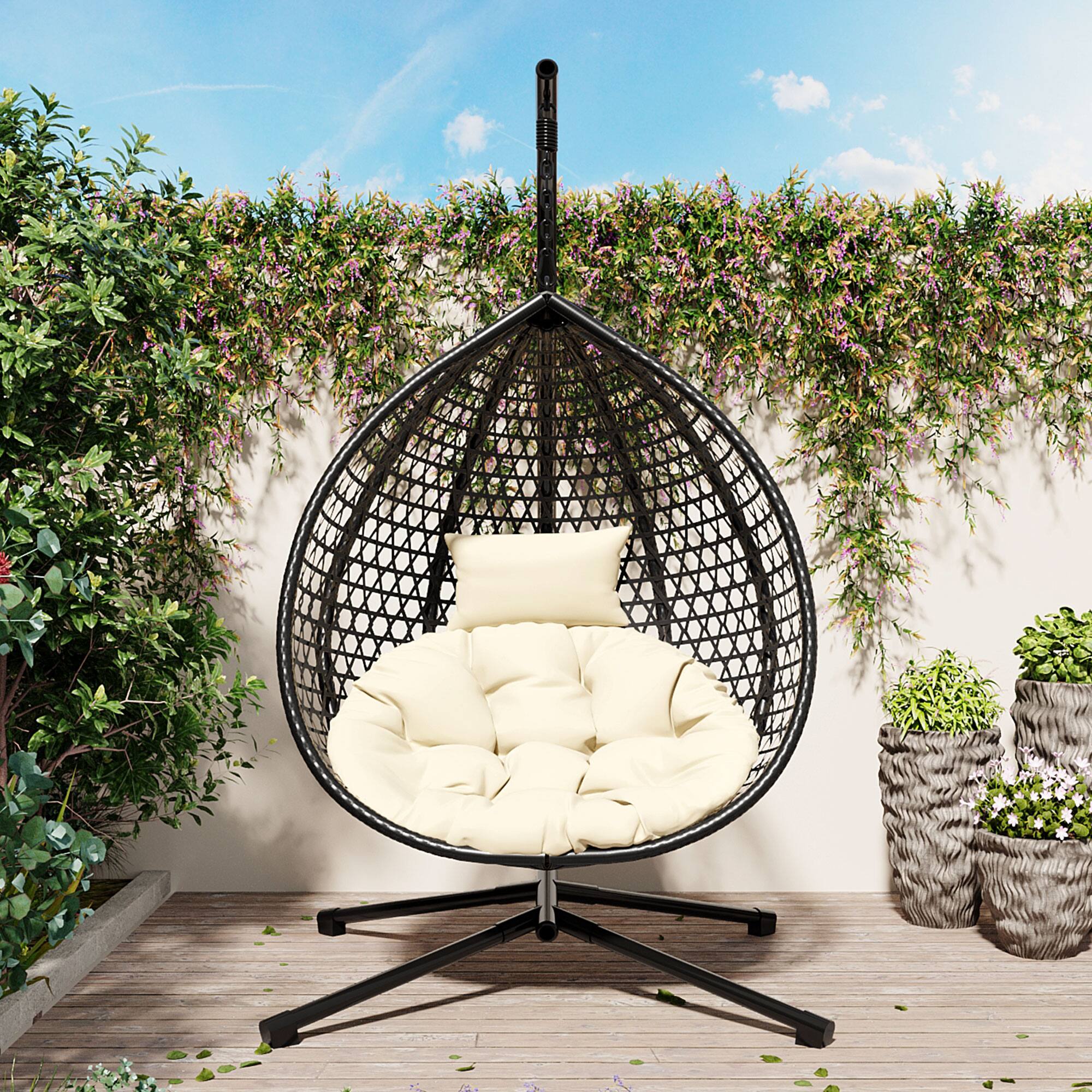 Angle. Mondawe - Outdoor Swing chairs with Soft Removable Cushion and Rattan Weaving - Black+Beige.