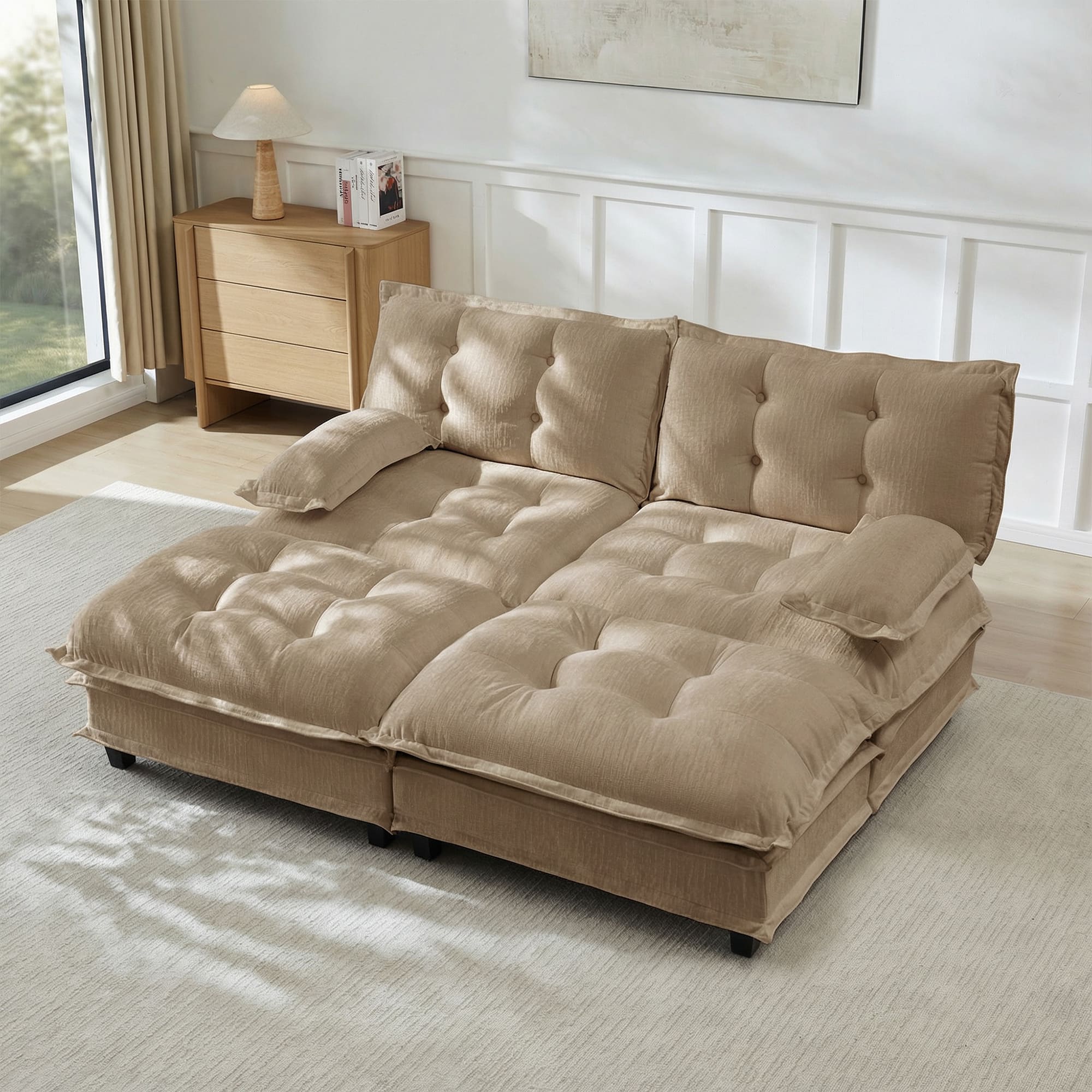 Anysun - 77" Cloud Sectional with 2 Ottomans - Modular Chenille Sofa, Deep Seats, Lattice-Decor Cushions, Sleeper Bed - Coffee