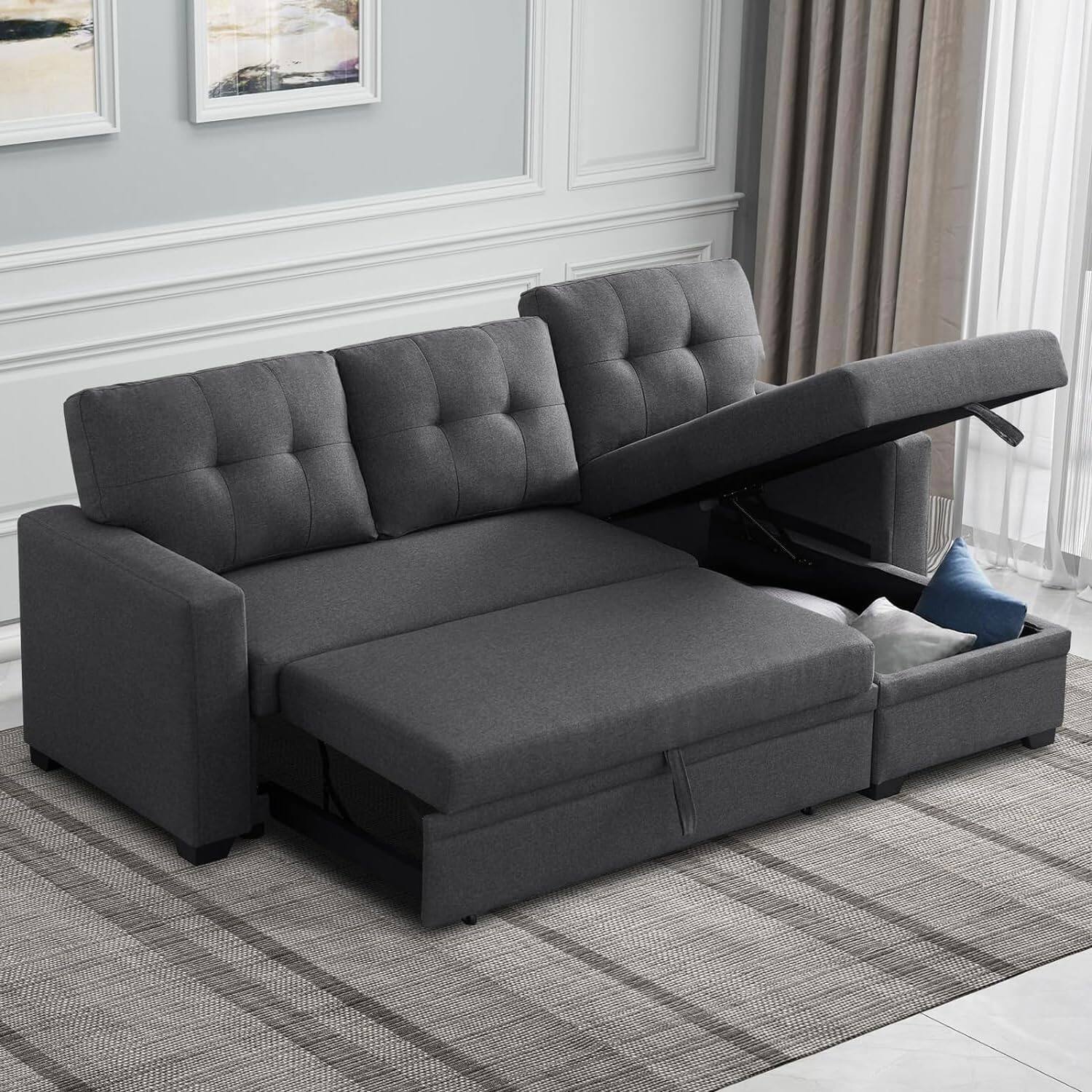 Tiramisubest - Reversible Sectional Sofa,Sleeper Sofa with Storage Chaise,Pull Out Couch Bed|Removable Backrest|Linen Fabric,Dark Grey - Dark Gray