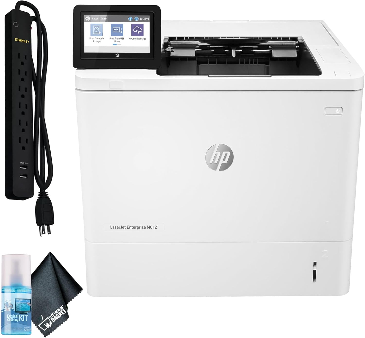 Sure, here is the corrected and grouped text from the image:

- HP LaserJet Enterprise M612
- Digital KIT Cleaning
- ELECTRONICS BASKET
- STARLEY
- Reset, Sign in
- Print from Job, Print from USB, HP ePrintAdvantage
- 3:43 PM
