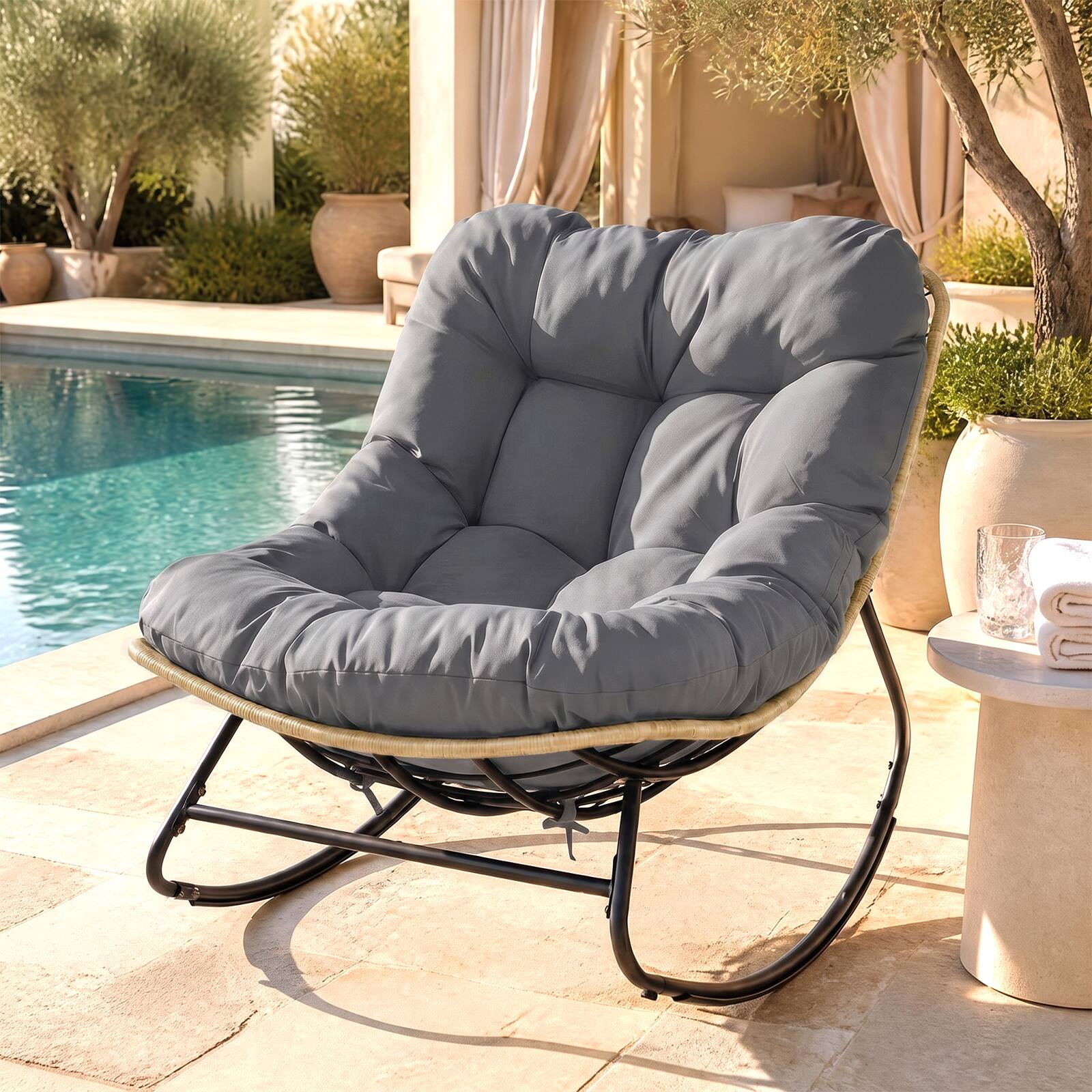 Alt View 1. Costway - Costway Outdoor Oversized Egg-Shaped Outdoor Papasan Rocking Chair With Thick Cushioned Seat - Gray.