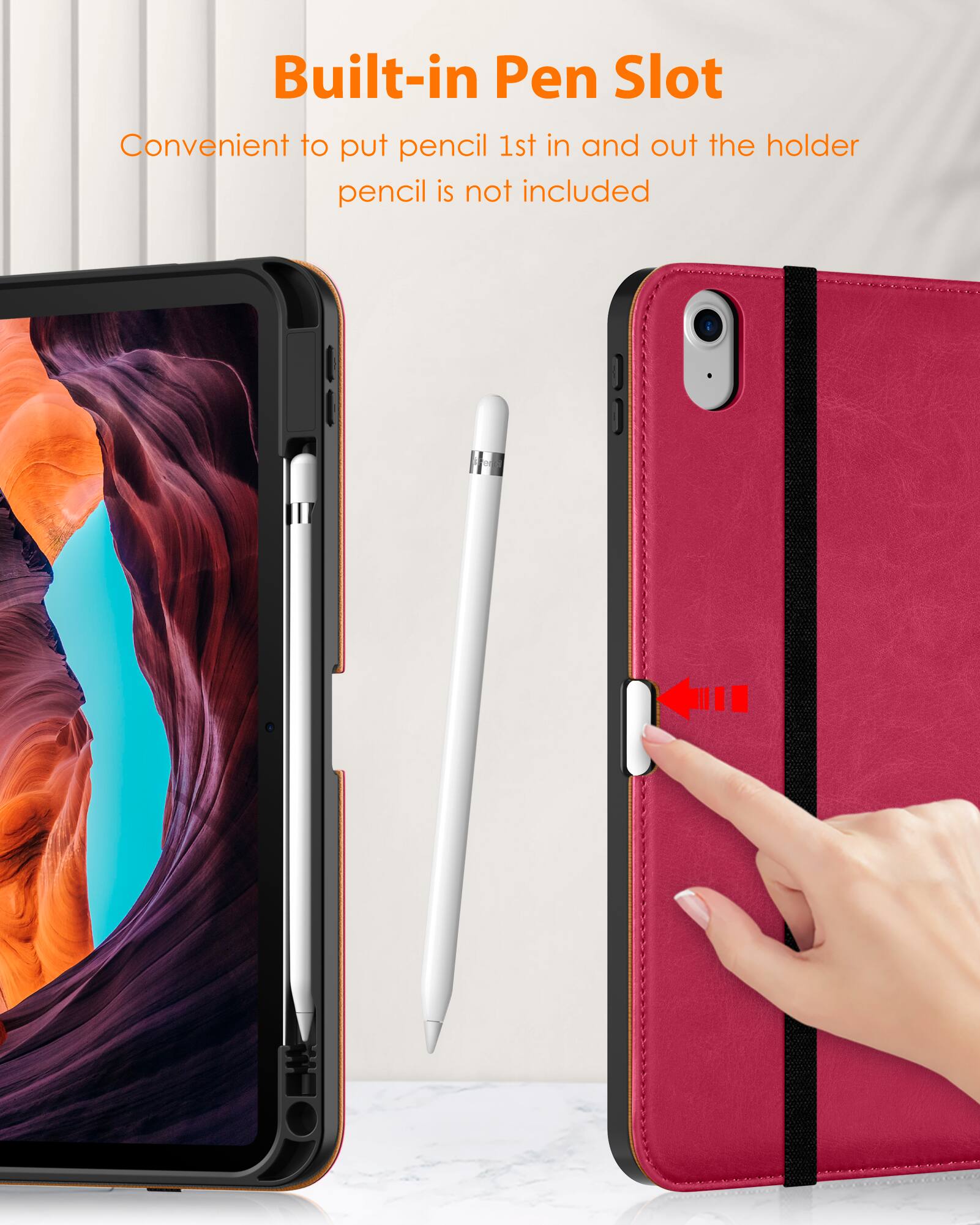 Built-in Pen Slot  
Convenient to put pencil 1st in and out the holder  
pencil is not included