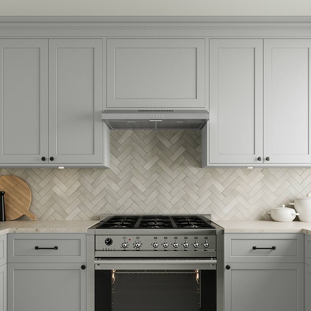 Left. Streamline - 30 in. Savona Ductless Undermount 80 CFM Range Hood, Mesh Filters, Push Button Control, LED Light - Brushed Stainless Steel.