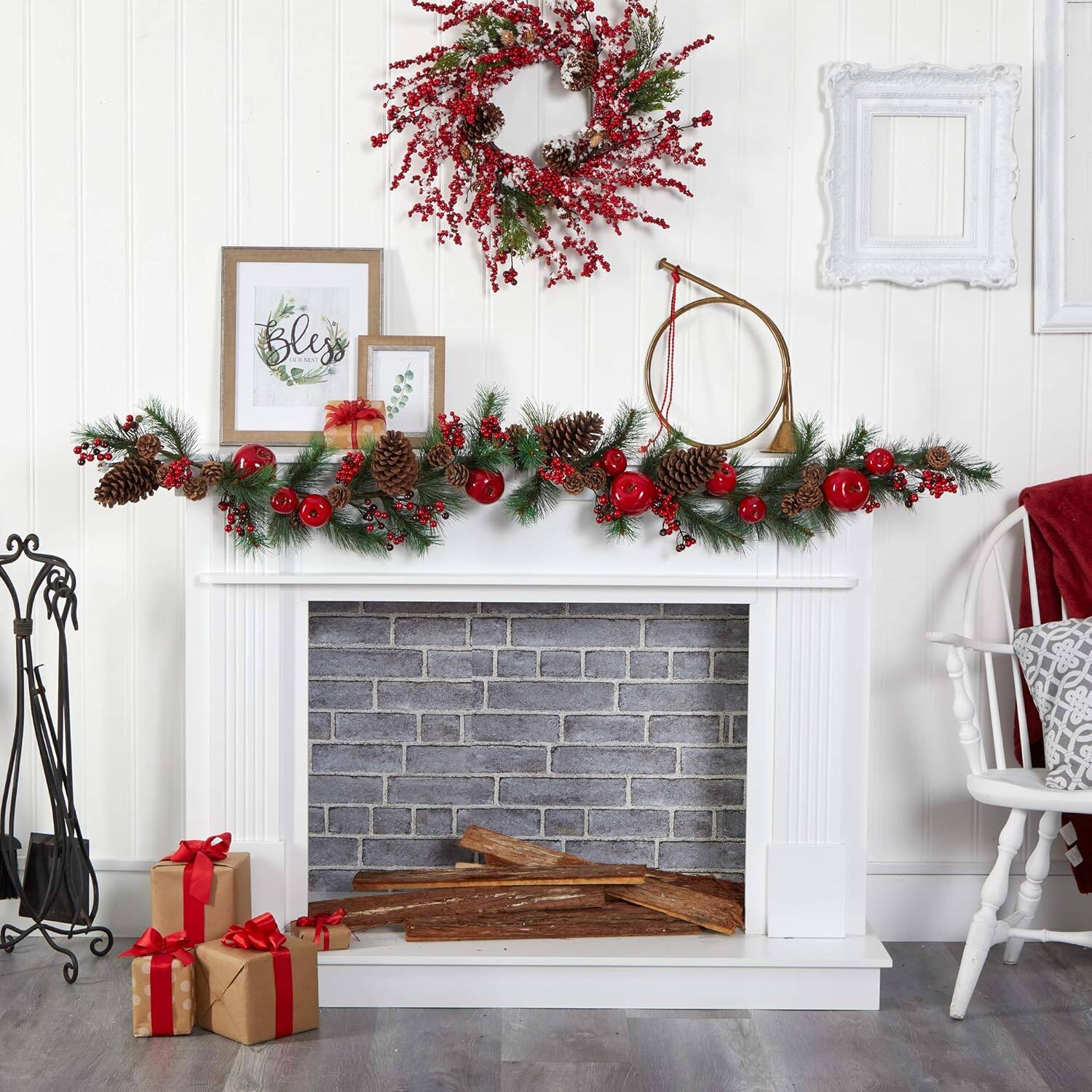 Angle. BreeBe - 6’ Apple, Berry and Pine Cone Artificial Garland - Red, Green.