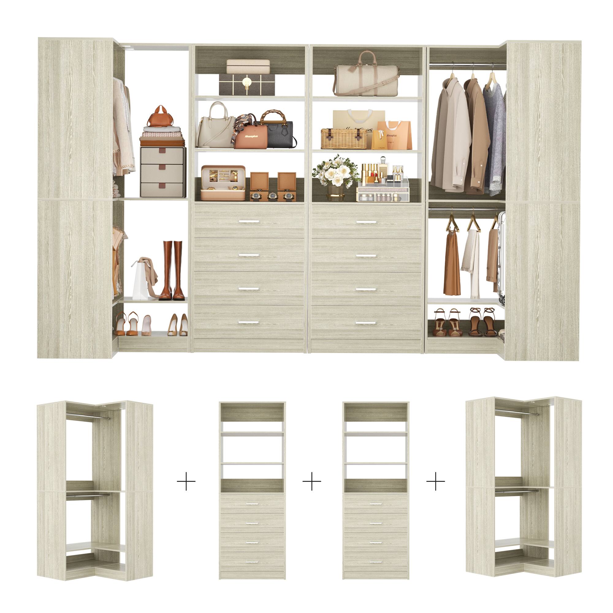 Angle. Aheaplus - U-Shaped Closet Organizer System, 104'' W Wardrobe System with 8 Drawers, 4 Hanging Rods & 13 Storage Shelves - Beige Oak.