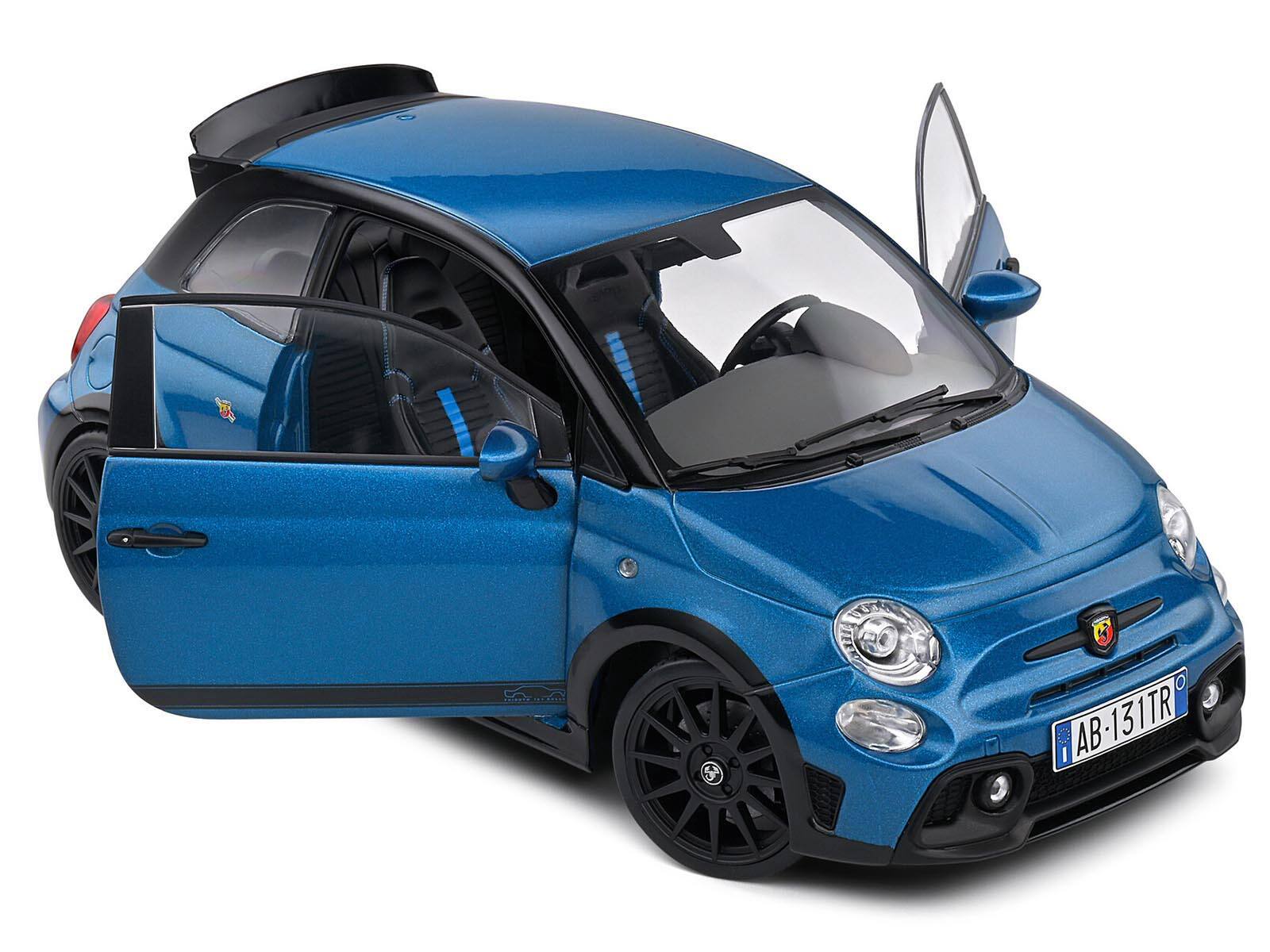 Angle. Solido - 2022 Fiat 695 Abarth "Tributo 131 Rally" Podium Blue Metallic with Black Side Stripes 1/18 Diecast Model Car by Solido - Blue, Black.