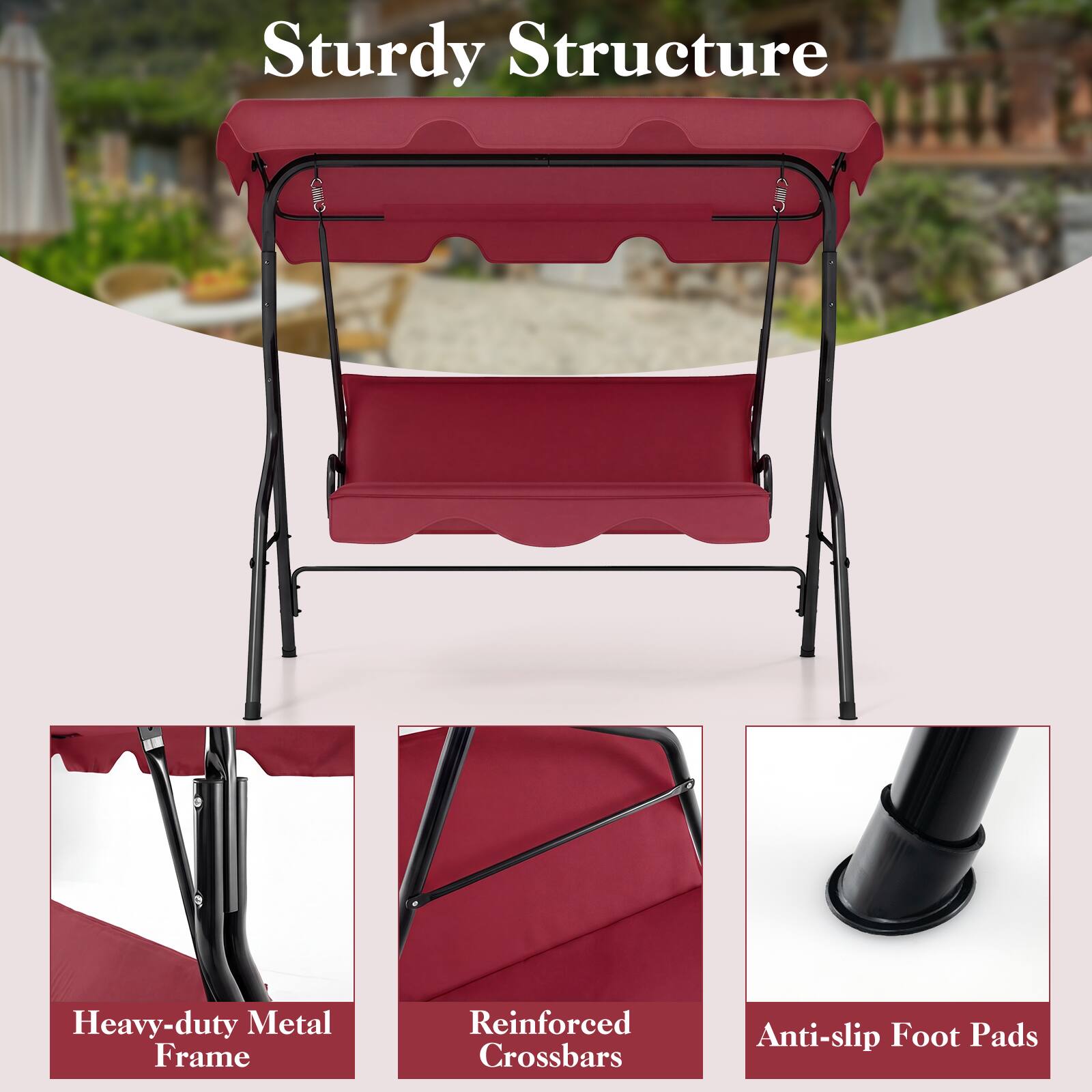Sturdy Structure  
Heavy-duty Metal Frame  
Reinforced Crossbars  
Anti-slip Foot Pads