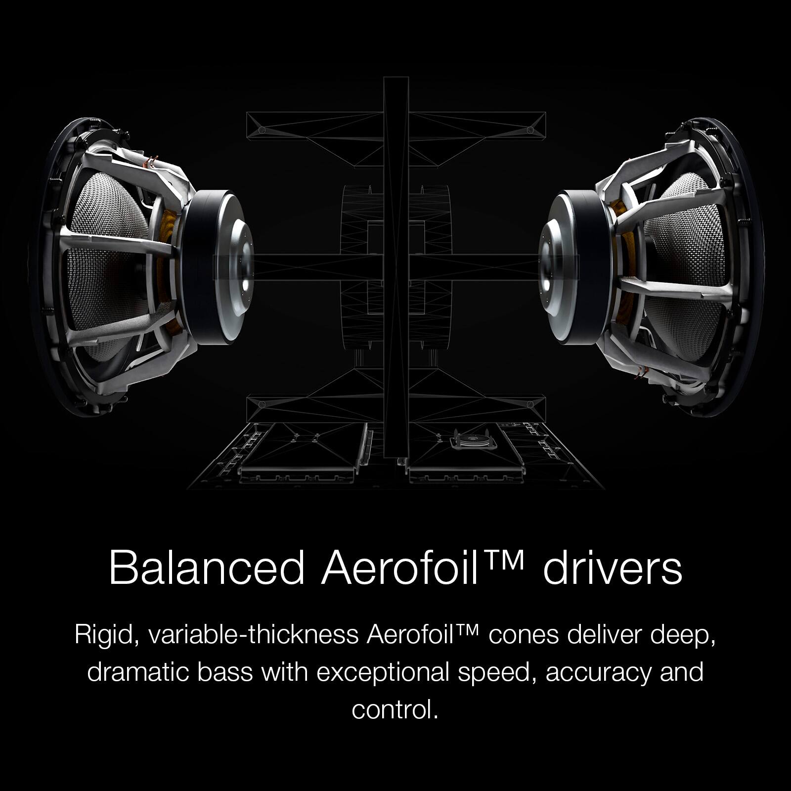 Balanced Aerofoil™ drivers

Rigid, variable-thickness Aerofoil™ cones deliver deep, dramatic bass with exceptional speed, accuracy and control.