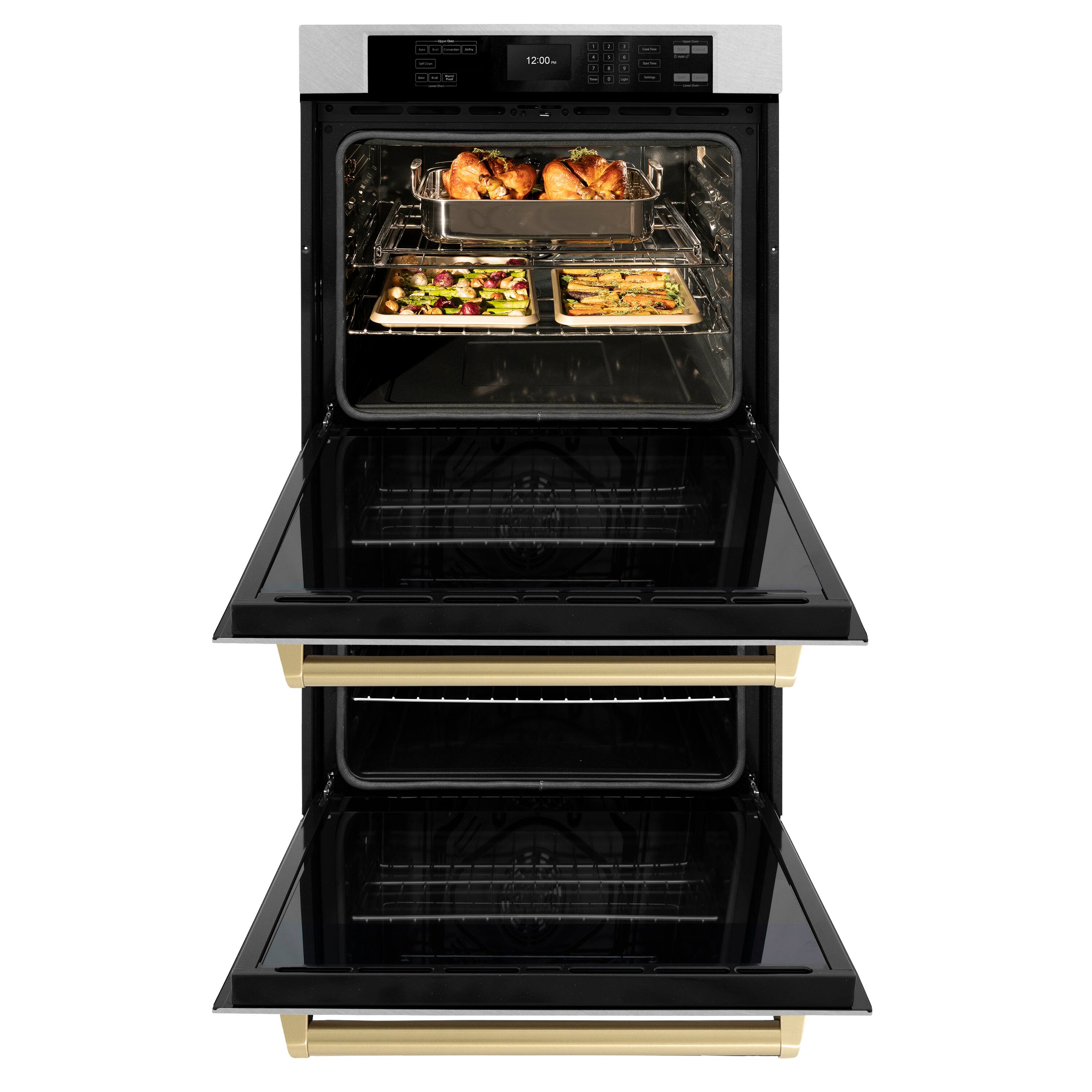 Angle. ZLINE - ZLINE 30 in. Autograph Double Wall Oven w/ Air Fry in Satin Steel and Bronze Handles - Satin Stainless Steel.