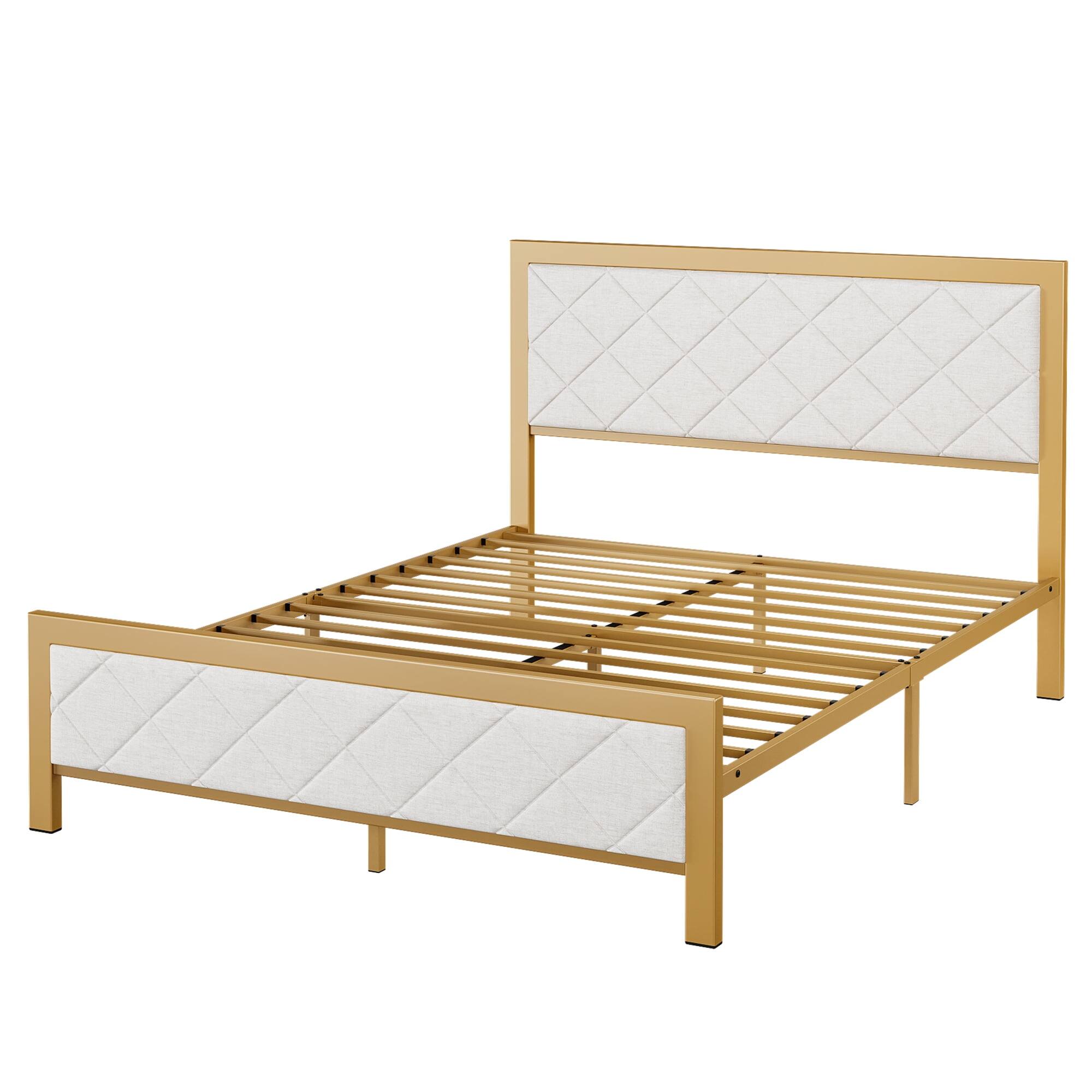 Front. GARVEE - Queen Upholstered Platform Bed Padded Cotton Headboard Channel Tufting No Box Spring Needed - Gold.