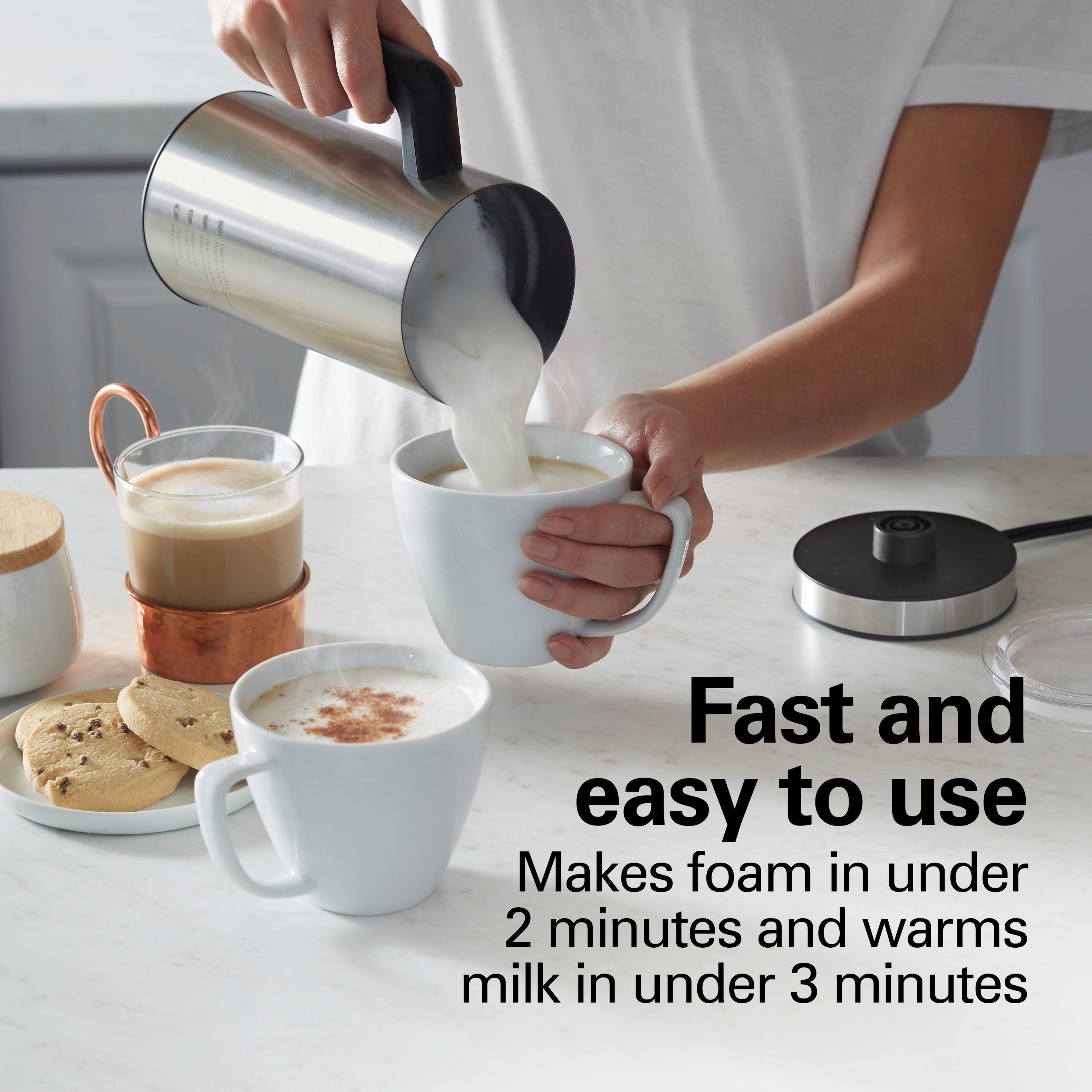 Fast and easy to use  
Makes foam in under 2 minutes and warms milk in under 3 minutes