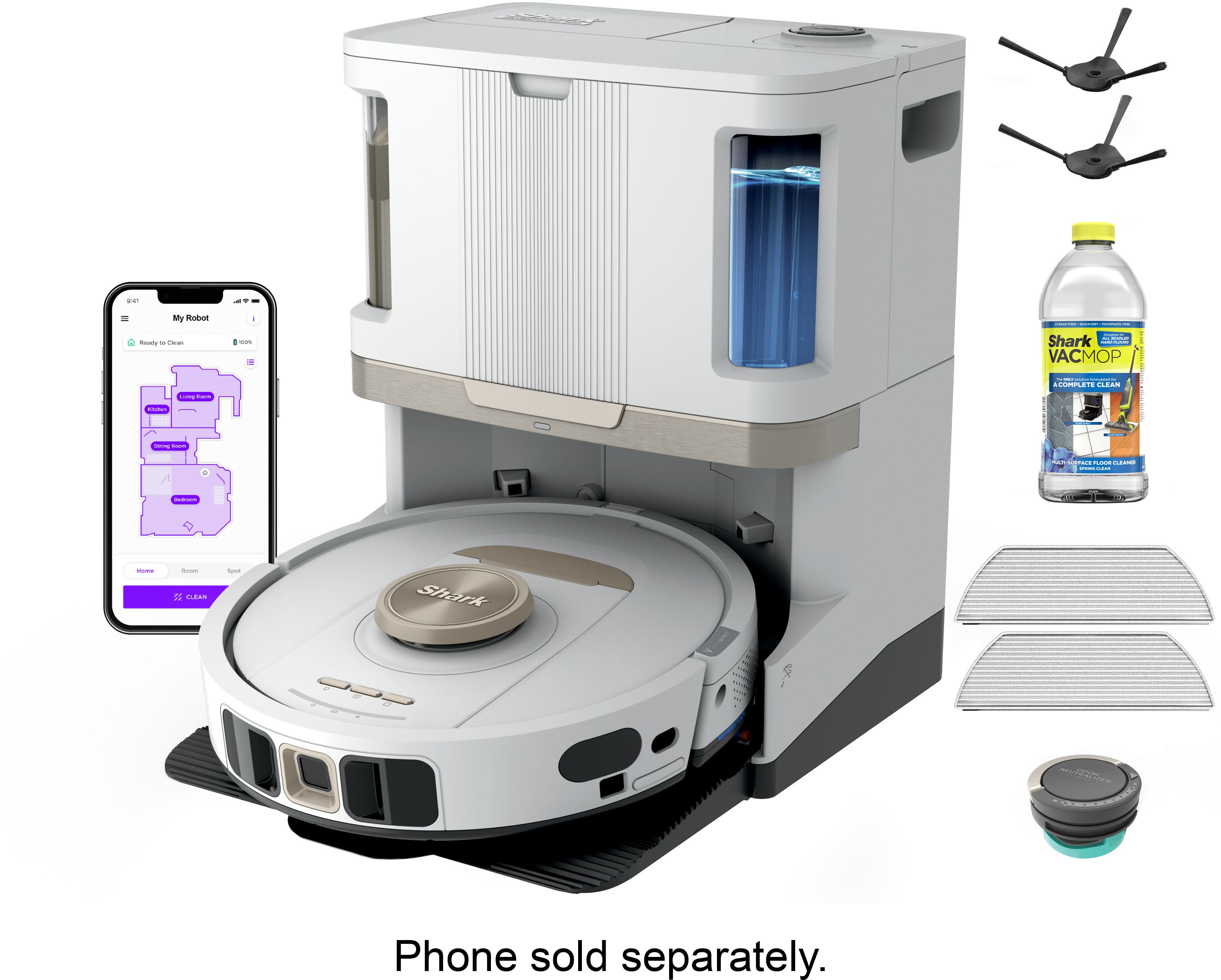 My Robot  
- Ready to Clean  
- 80%  
- Home  
- Room  
- Floor  
- 80% Clean  

Shark VACMOP  
- Complete Clean  
- Phone sold separately.