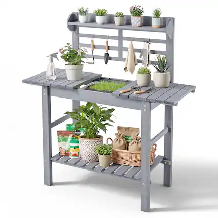 Front. VEVOR - Potting Bench Table, Outdoor Gardening Workstation with Sink, 37-55in Adjustable Wood Tabletop, Garden Work Station - Gray.