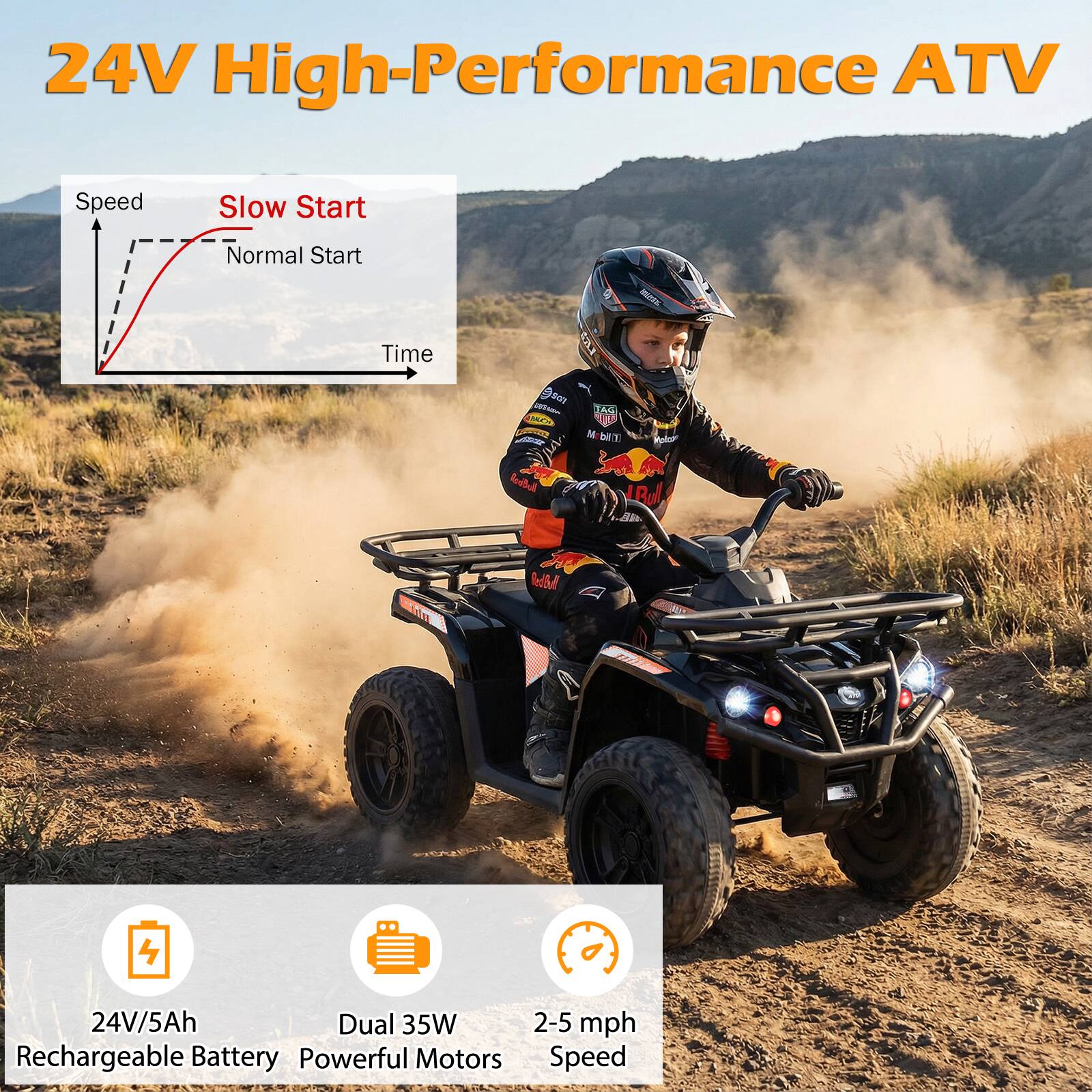 24V High-Performance ATV

Speed
Slow Start
Normal Start
Time

24V/5Ah Rechargeable Battery
Dual 35W Powerful Motors
2-5 mph Speed